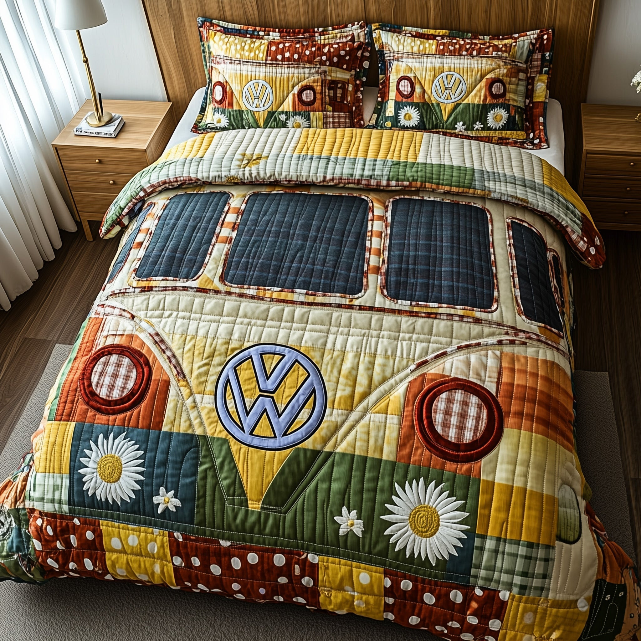 Hippie Van Quilted Bedding Set Retro Van And Daisy Art Festival Style Bedroom Gift Ideas