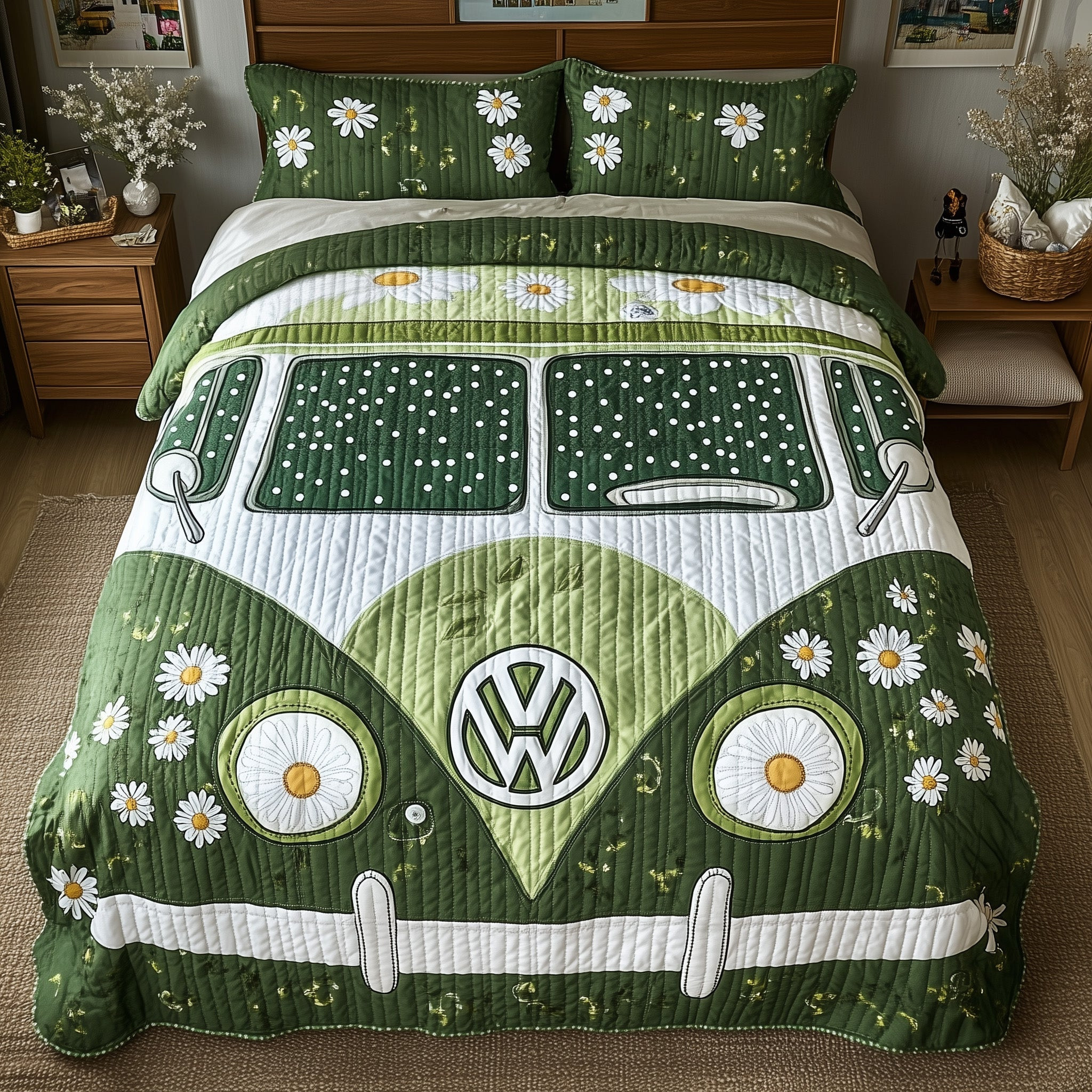 Hippie Van Quilted Bedding Set Retro Van And Daisy Art Peace And Love Design Bedroom Gifts
