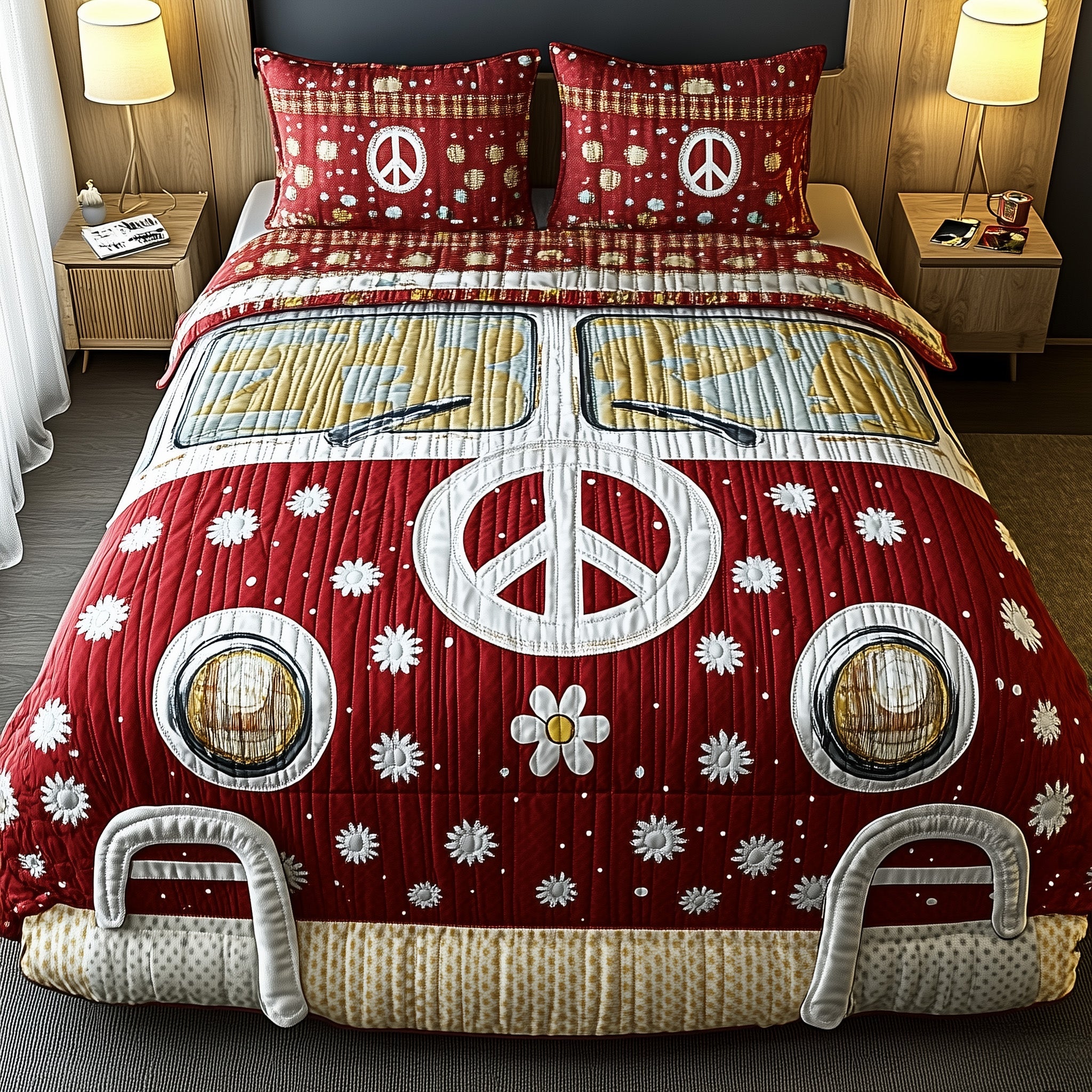 Hippie Van Quilted Bedding Set Retro Van And Daisy Cozy Design Bedroom Gift Ideas