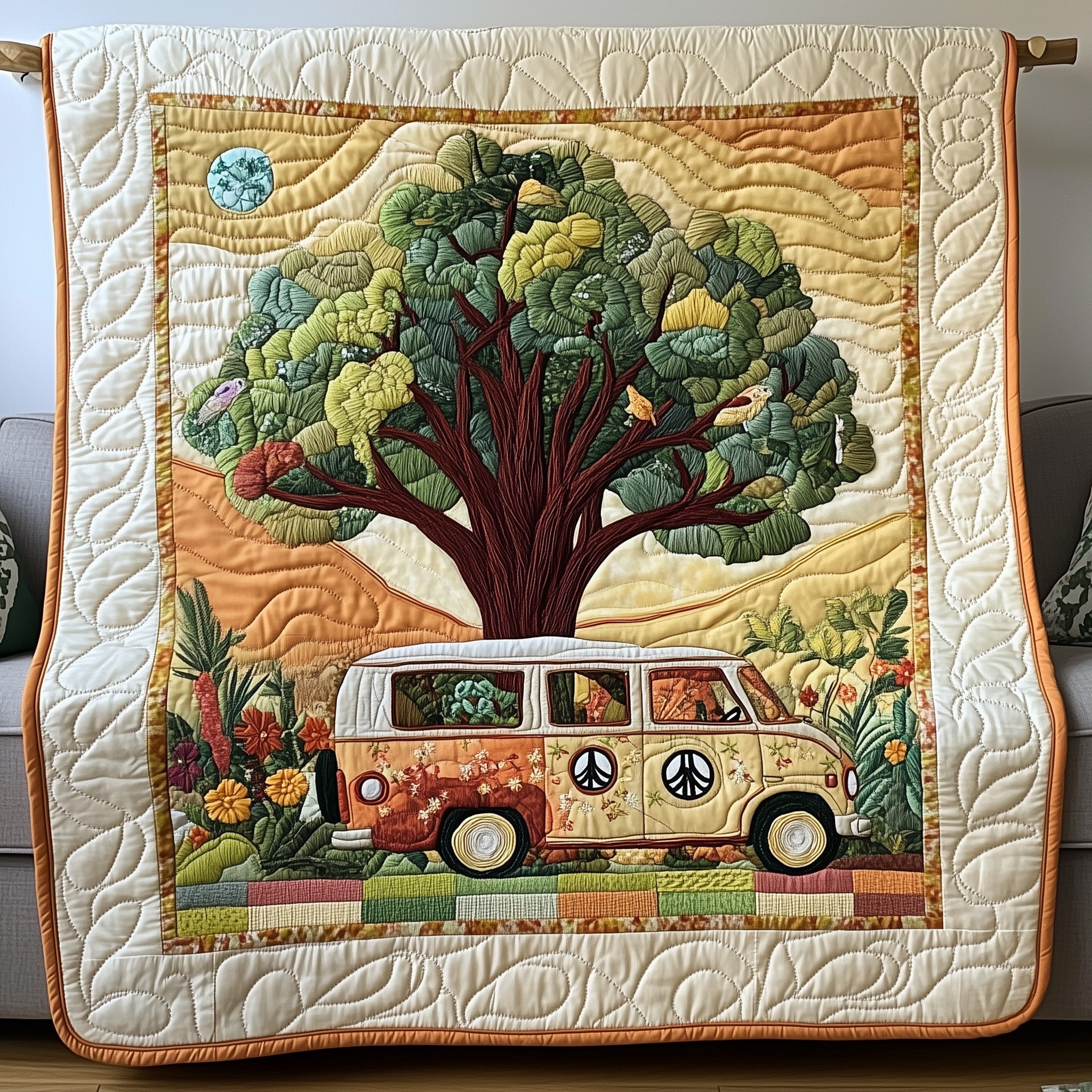 Hippie Van Quilted Blanket Cute Soft BlanketBest Christmas Gifts For Hippies