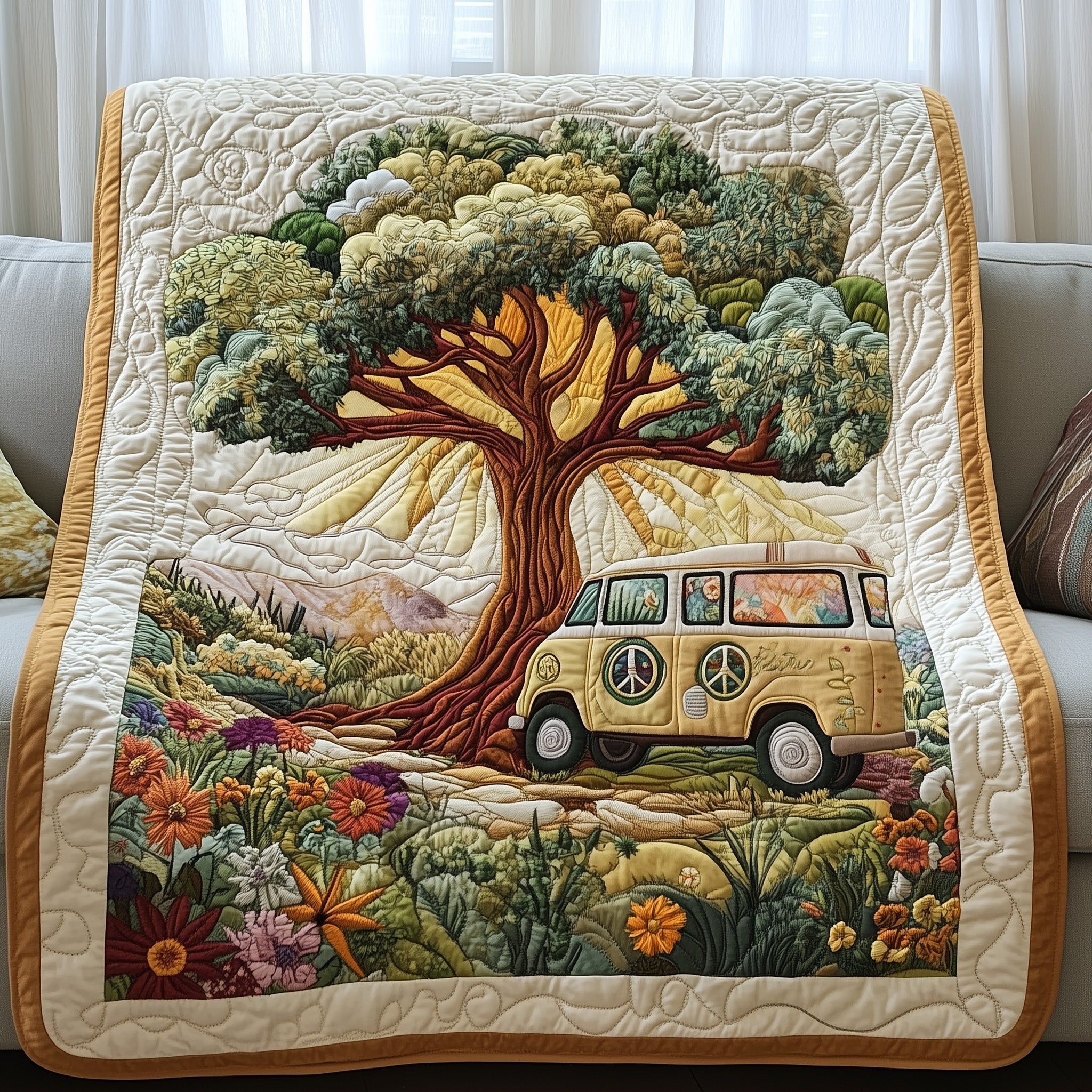 Hippie Van Quilted Blanket Cute Soft BlanketGifts For Hippie Dad