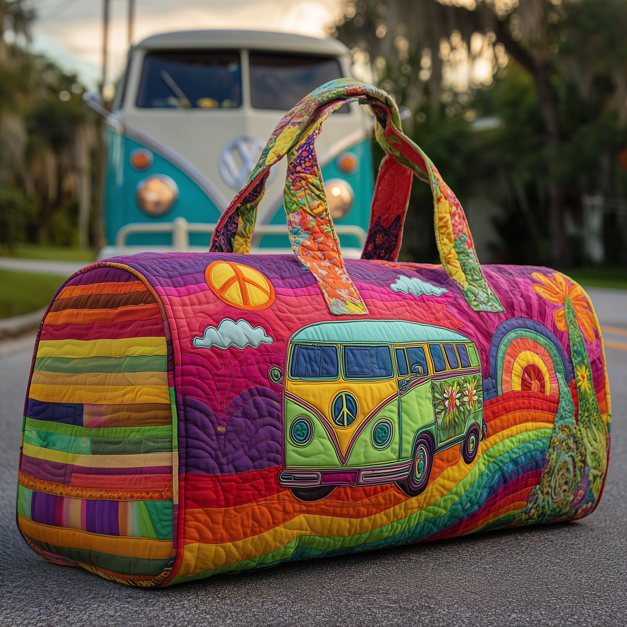 Hippie Van Quilted Duffle Bag Anniversary Gift Idea(1)
