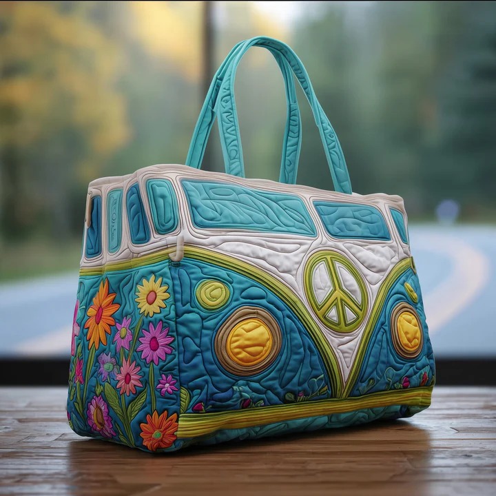 Hippie Van Quilted Duffle Bag Boho Flower Peace Bag Best Gift For Nature Lovers