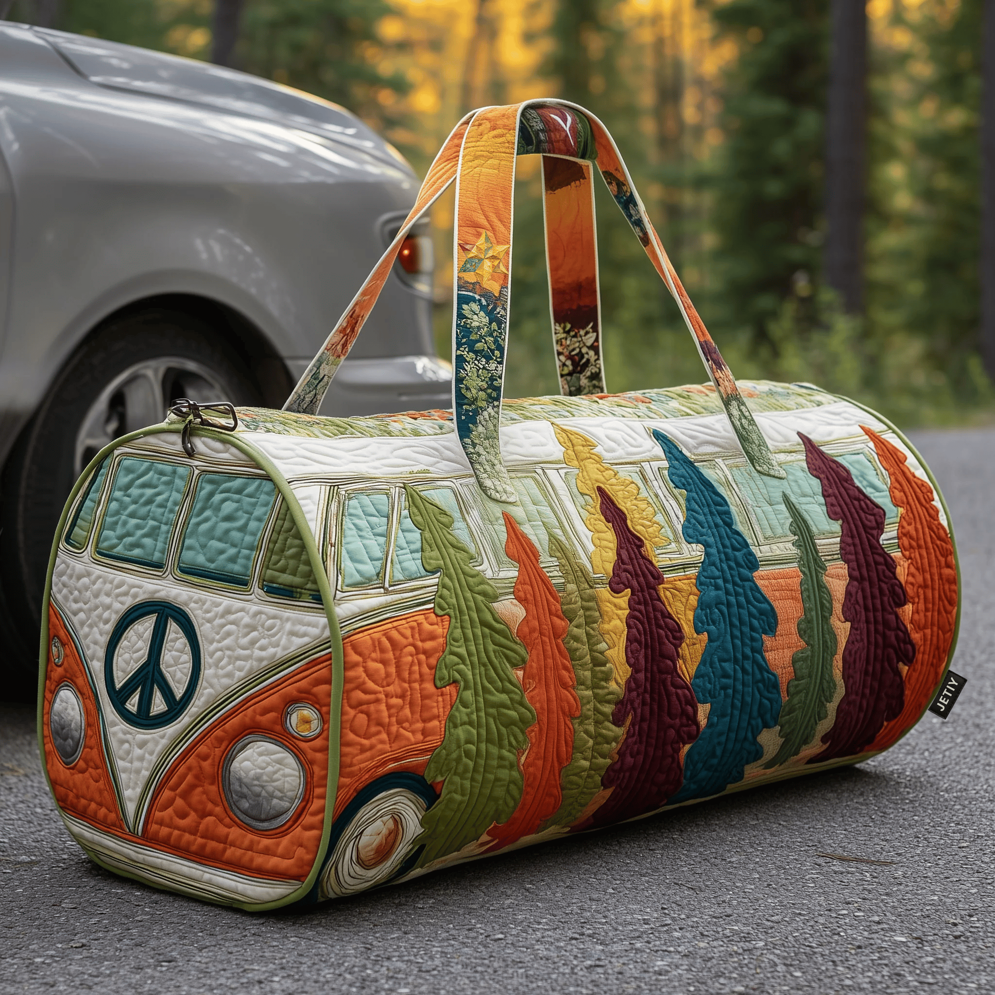 Hippie Van Quilted Duffle Bag Boho Retro Peace Sign Colorful Travel Bag Best Gift For Hippie Lovers