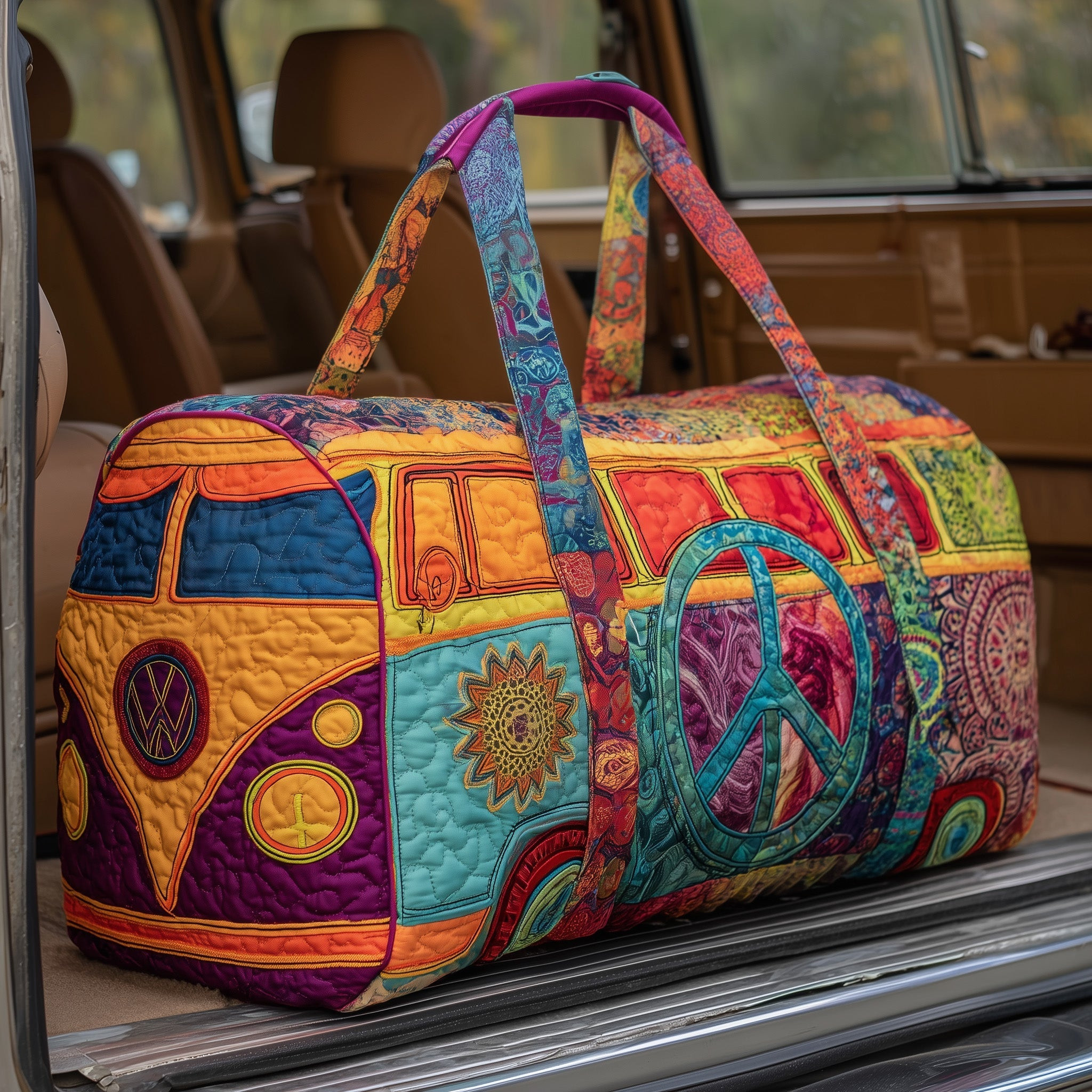 Hippie Van Quilted Duffle Bag Colorful Peace Sign Retro Boho Best Gift For Women