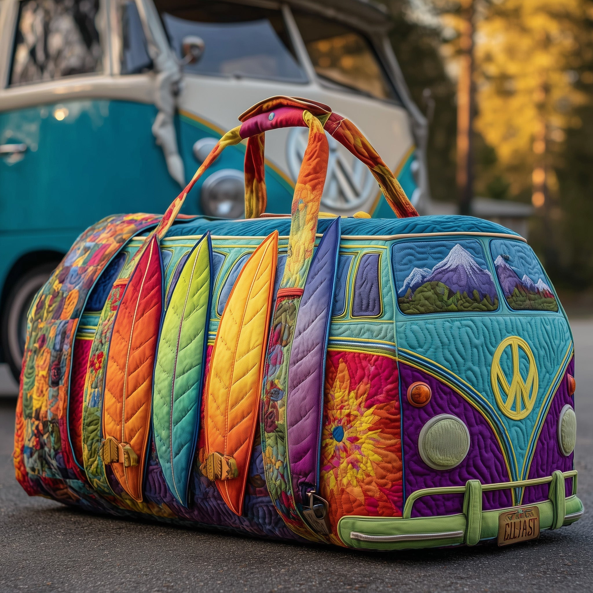 Hippie Van Quilted Duffle Bag Colorful Travel Bag Best Gift For Van Life Lovers Camping Outdoor Gear
