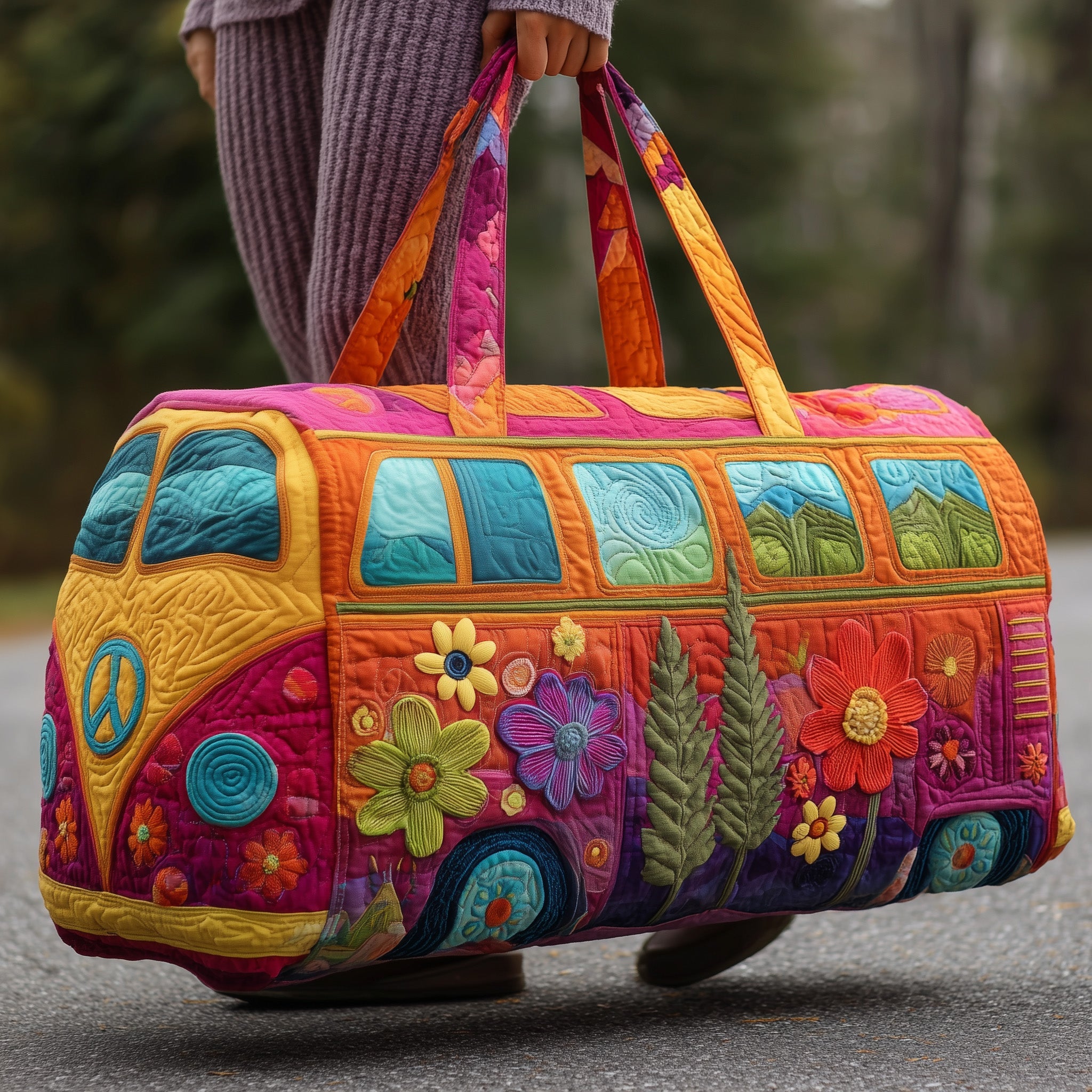 Hippie Van Quilted Duffle Bag For School And Gym