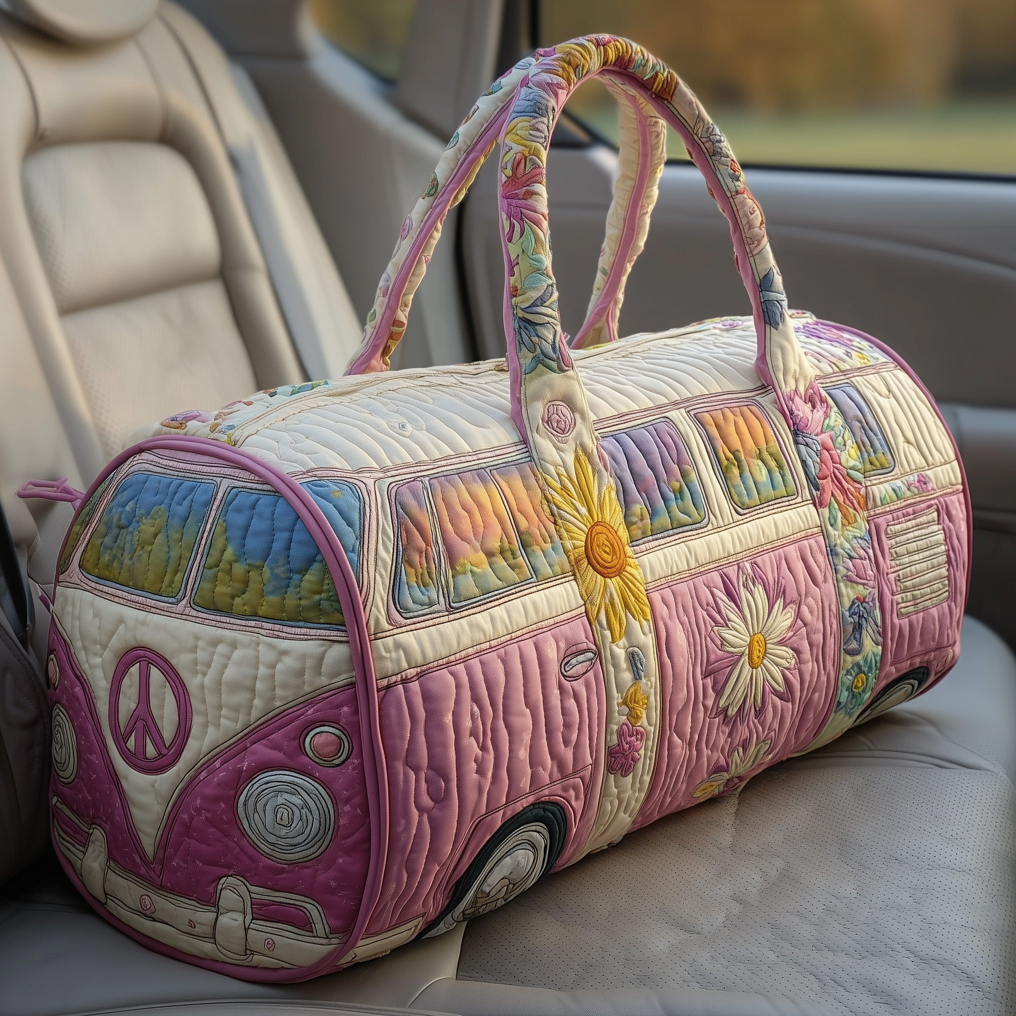 Hippie Van Quilted Duffle Bag Pink Floral Rainbow Boho Best Gift For Women Girls