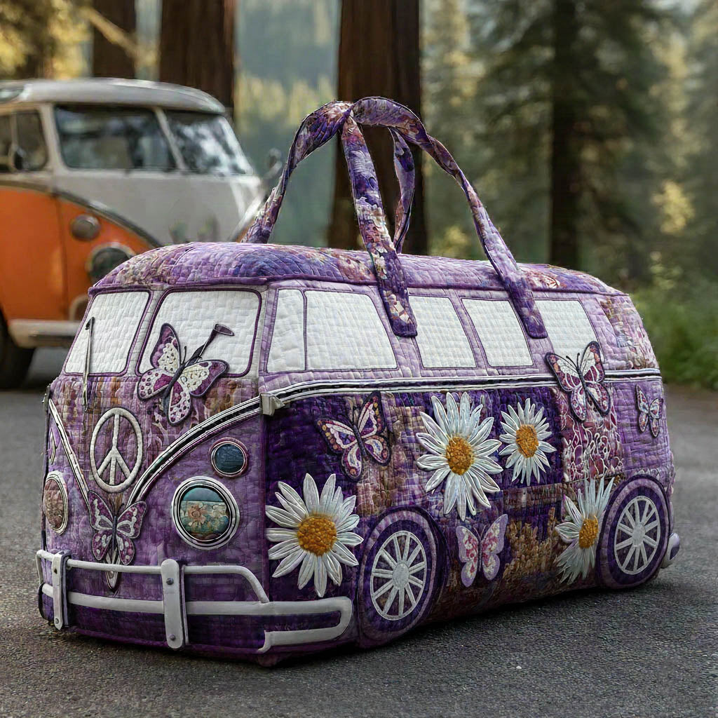 Hippie Van Quilted Duffle Bag Purple Butterfly Daisy Boho Best Gift For Women