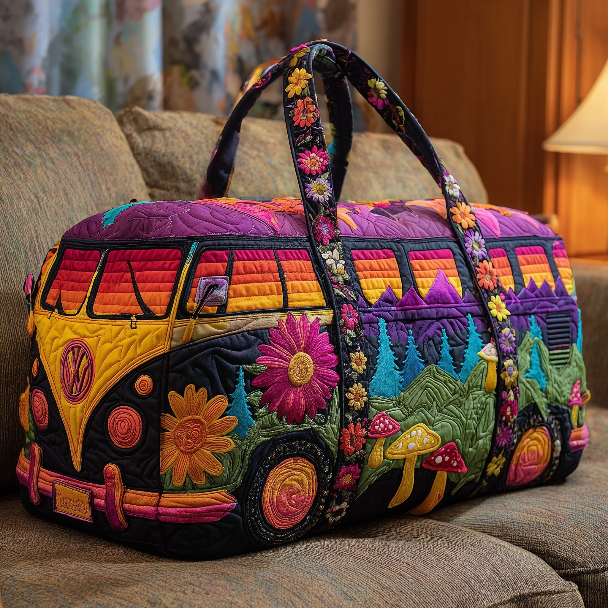 Hippie Van Quilted Duffle Bag Purple Mushroom Sunset Boho Best Gift For Her