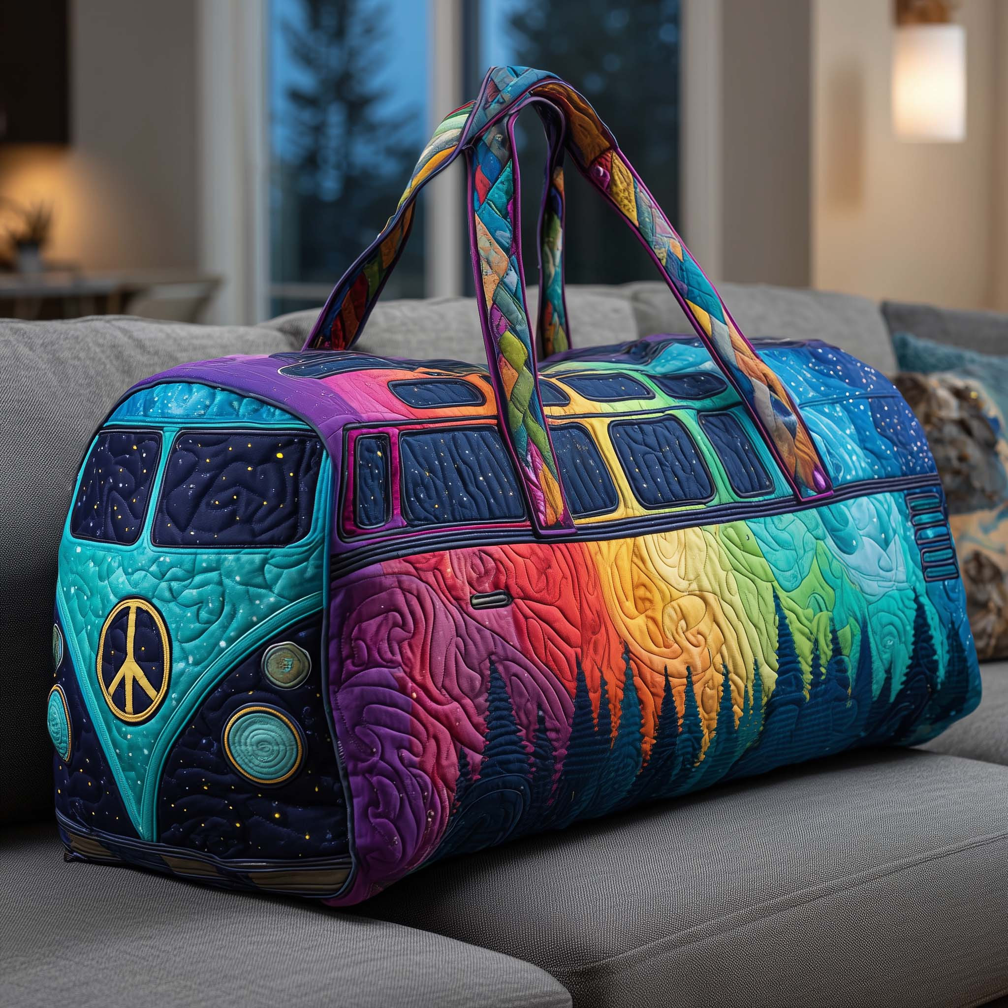 Hippie Van Quilted Duffle Bag Rainbow Galaxy Forest Retro Travel Bag Best Gift For Hippie Lovers