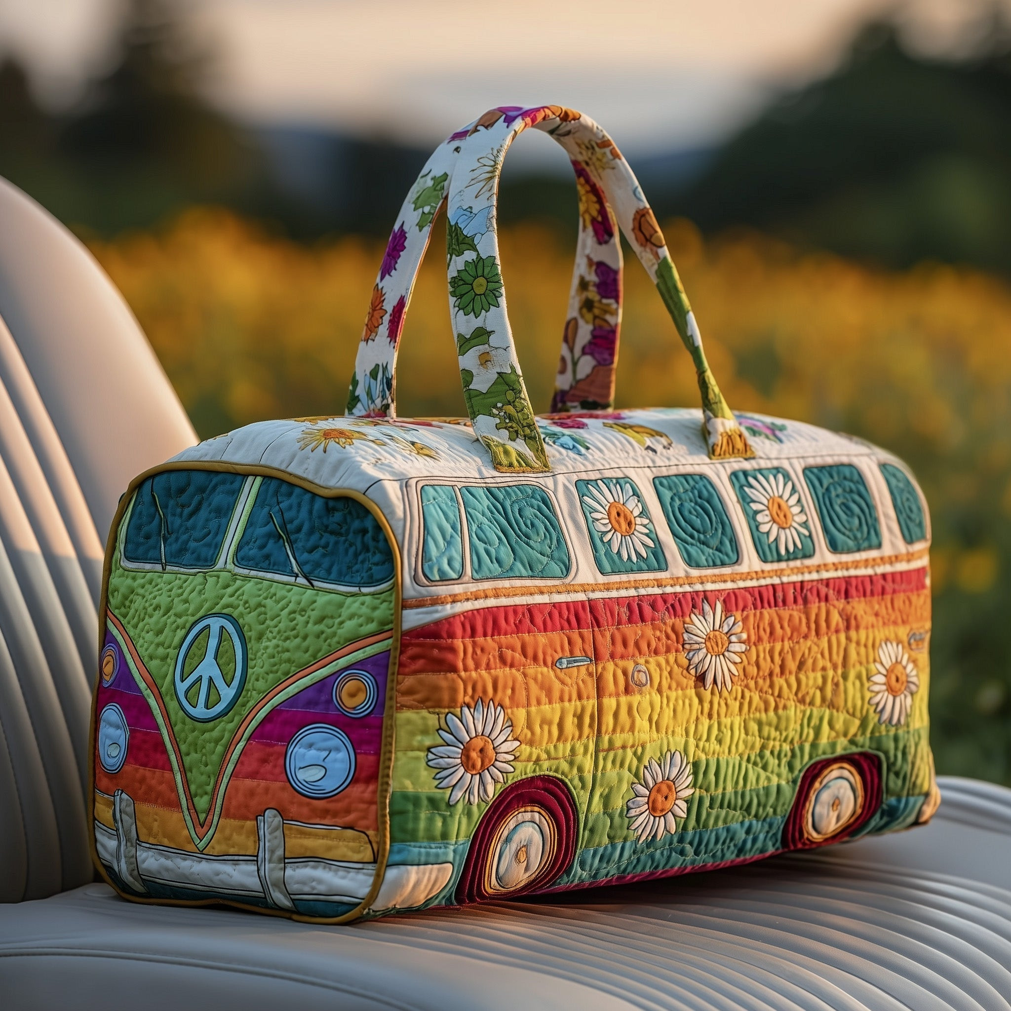 Hippie Van Quilted Duffle Bag Rainbow Stripe Daisy Boho Best Gift For Travel Lovers