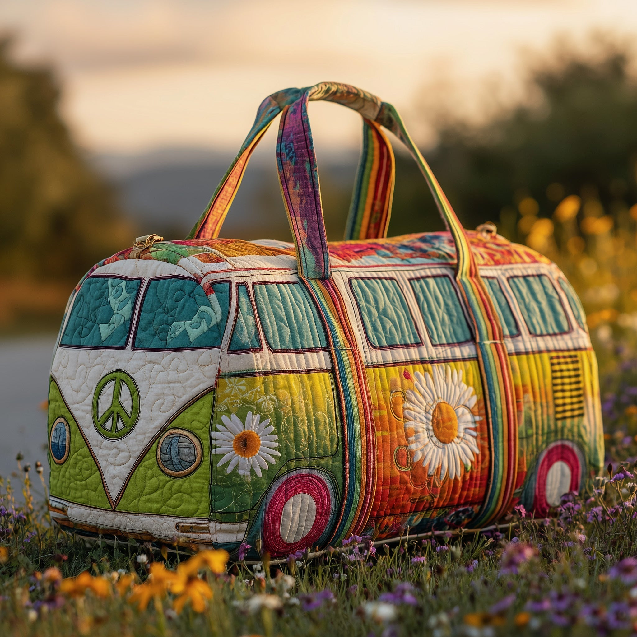Hippie Van Quilted Duffle Bag Rainbow Tie Dye Daisy Boho Best Camping Gift Ideas