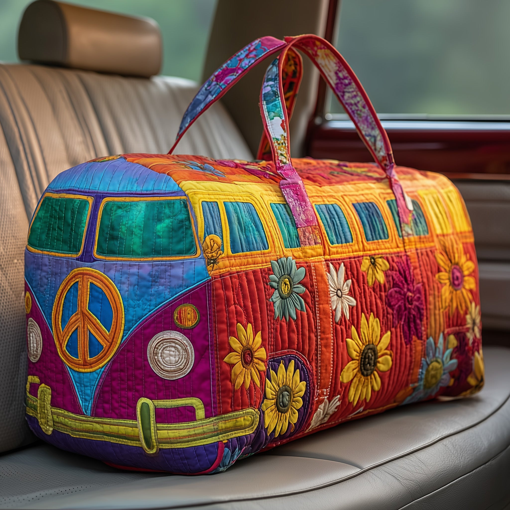 Hippie Van Quilted Duffle Bag Retro Travel Bag Best Gift For Van Life Lovers Camping Road Adventures