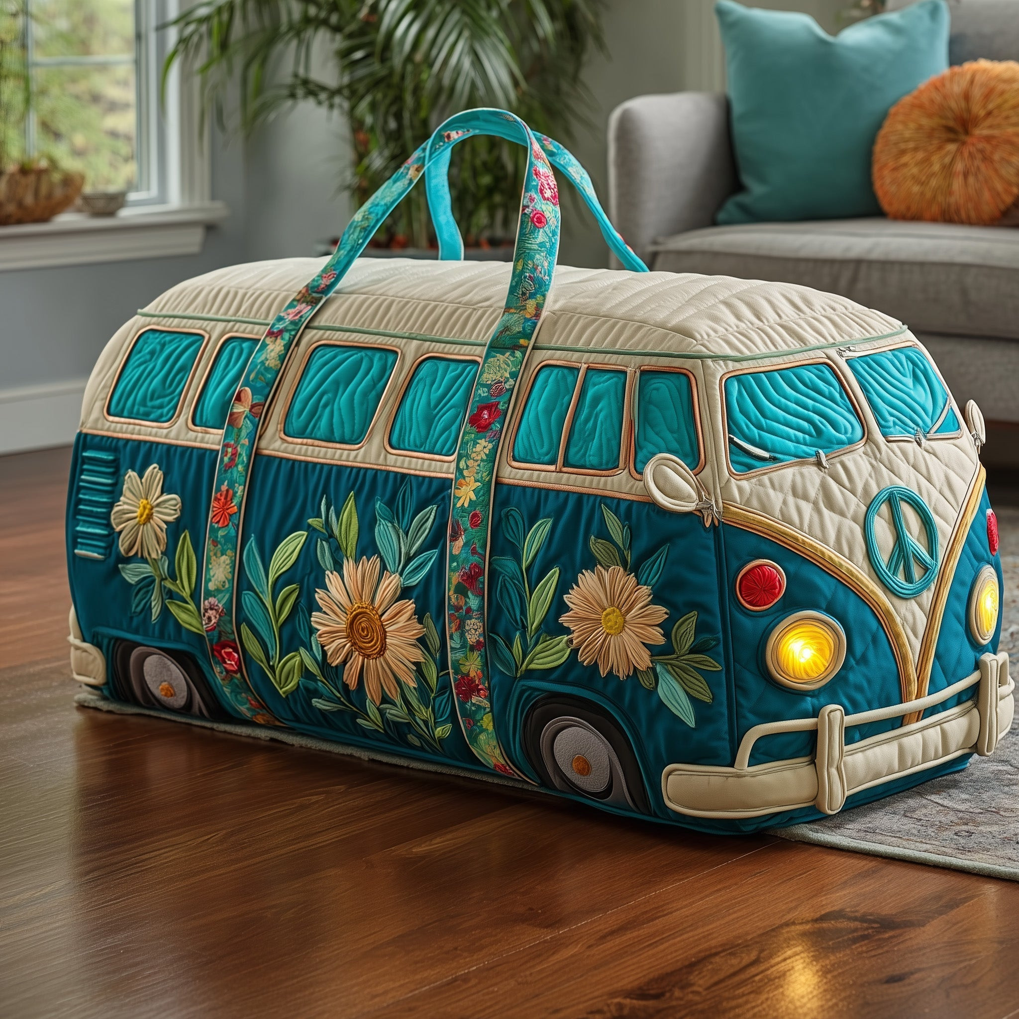 Hippie Van Quilted Duffle Bag Teal Floral Daisy Peace Sign Best Camping Travel Gift
