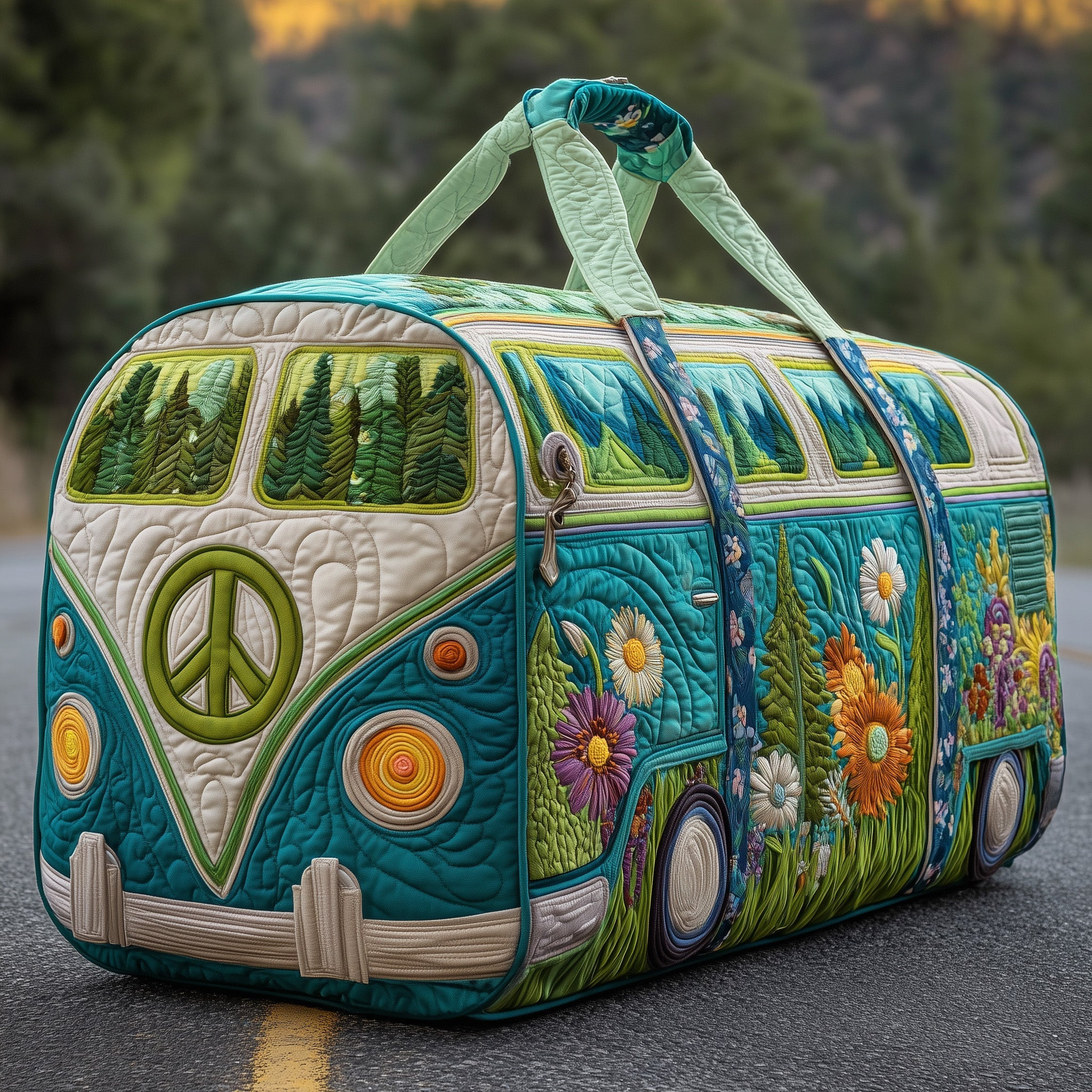 Hippie Van Quilted Duffle Bag Teal Wildflower Boho Peace Best Camping Gift For Women