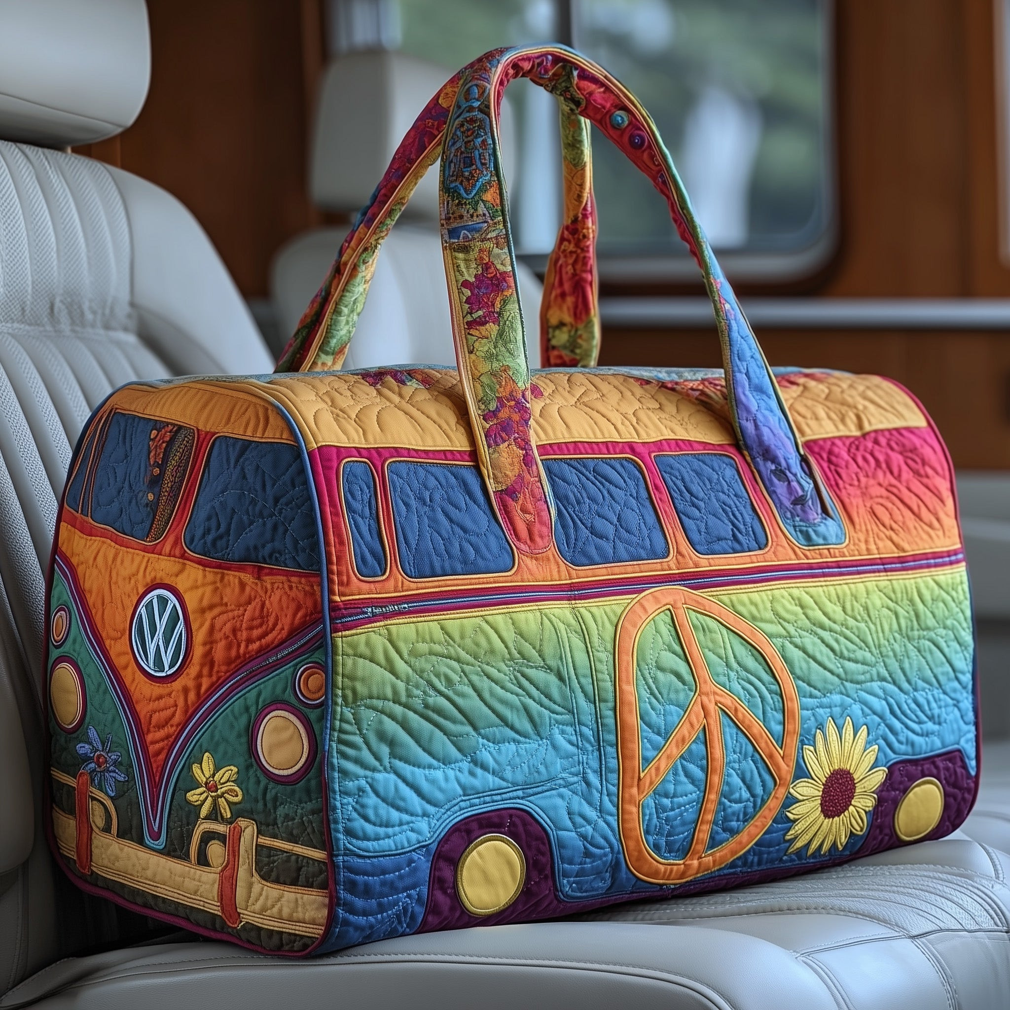 Hippie Van Quilted Duffle Bag Vintage Boho Travel Bag Best Gift For Van Life Camping Outdoor Lovers