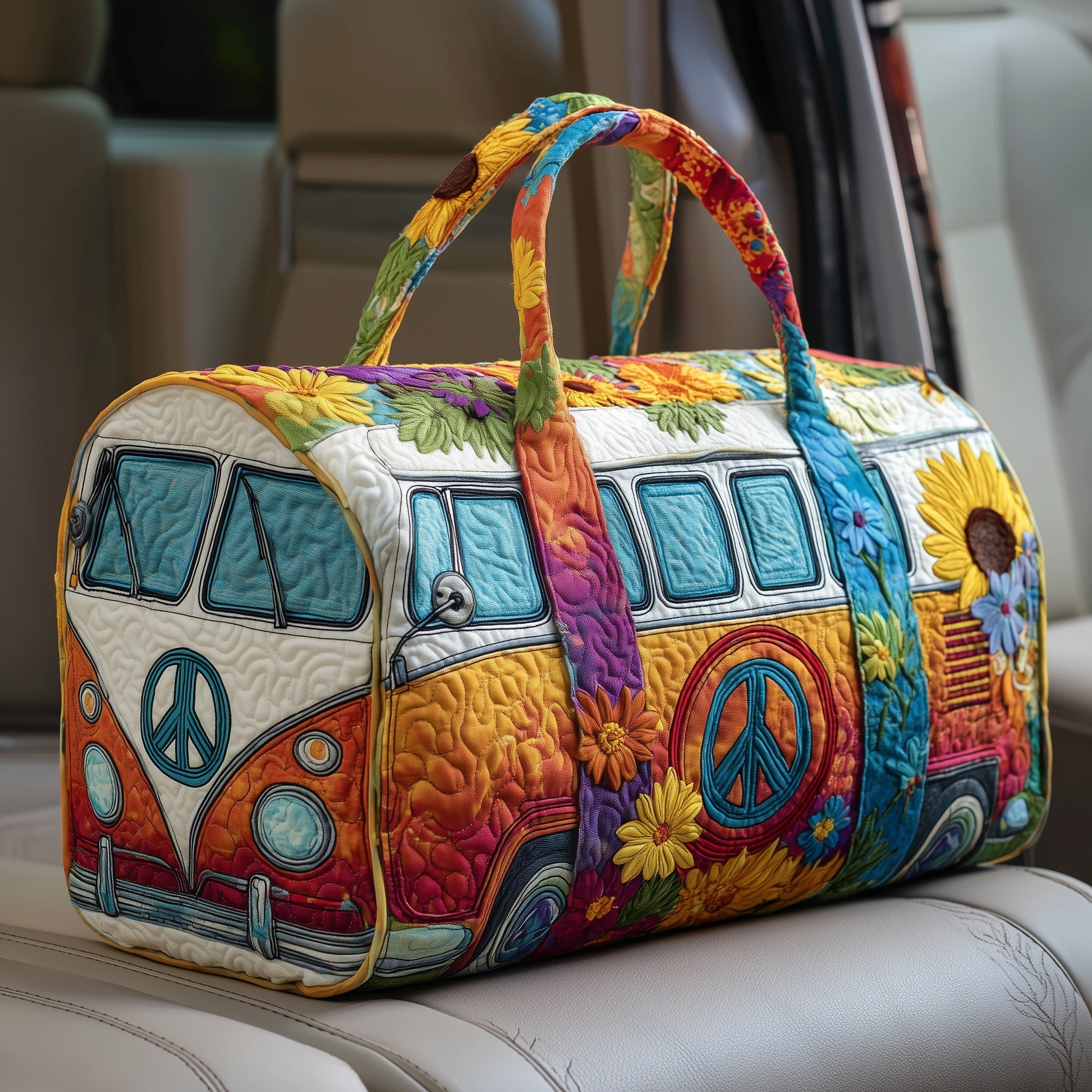 Hippie Van Quilted Duffle Bag Vintage Travel Bag Best Gift For Van Life Lovers Camping Outdoor Trips