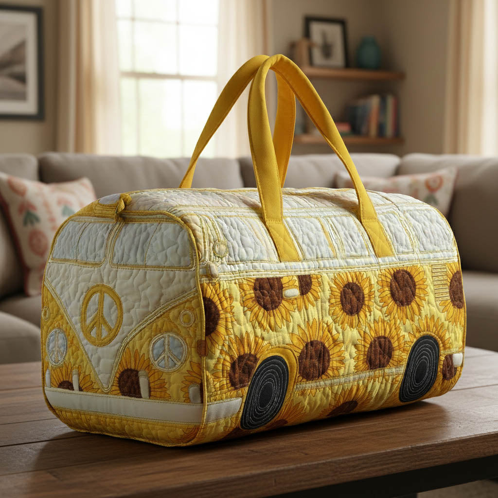 Hippie Van Quilted Duffle Bag Yellow Sunflower Peace Sign Best Gift For Women