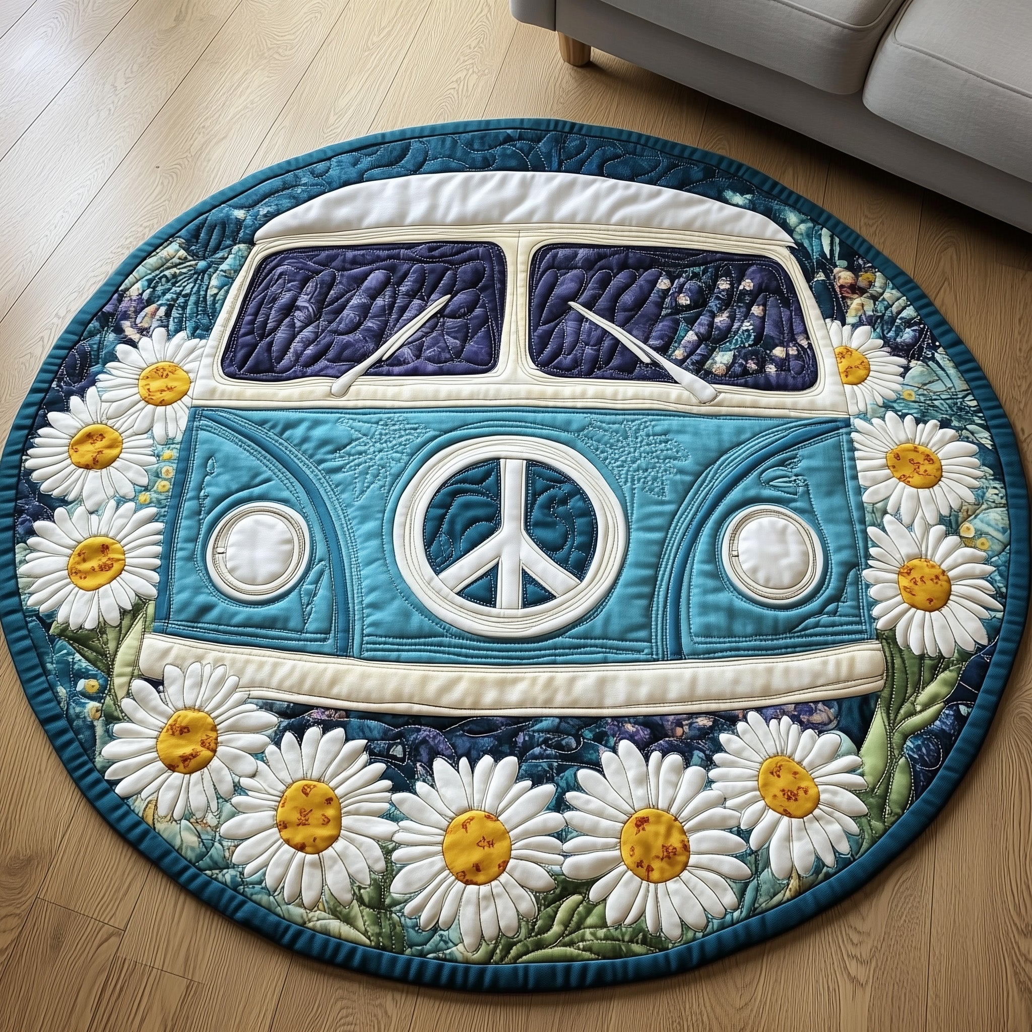 Hippie Van Quilted Round Mat Handcrafted Quilted Round Mat for Special Touch