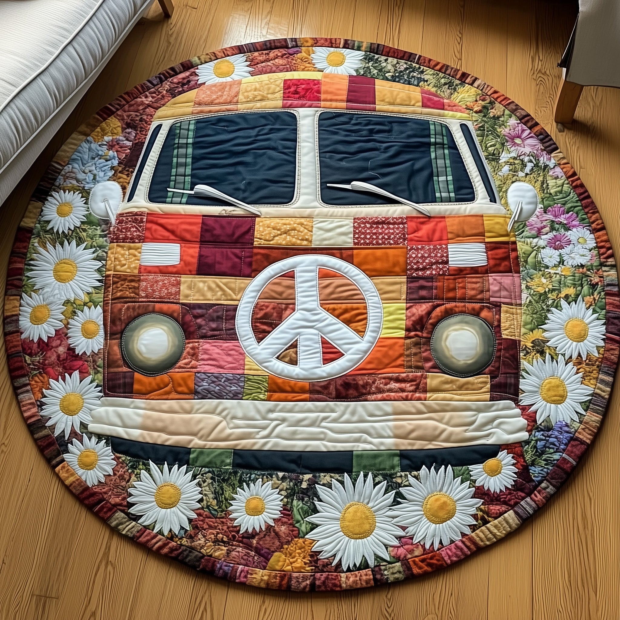 Hippie Van Quilted Round Mat Unique Quilted Round Mat for Modern Interiors