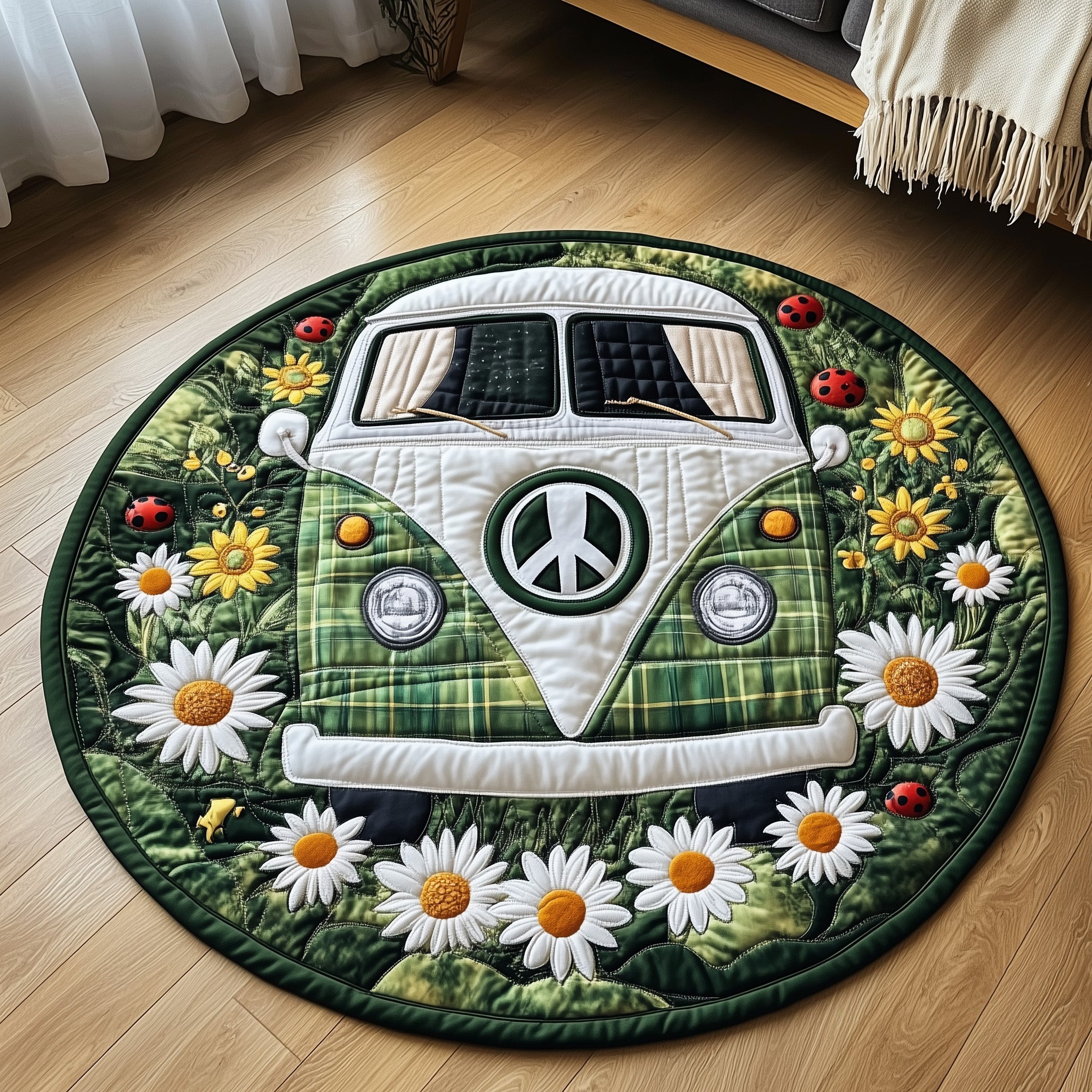 Hippie Van Quilted Round Mat Unique Quilted Round Mat for Modern Interiors