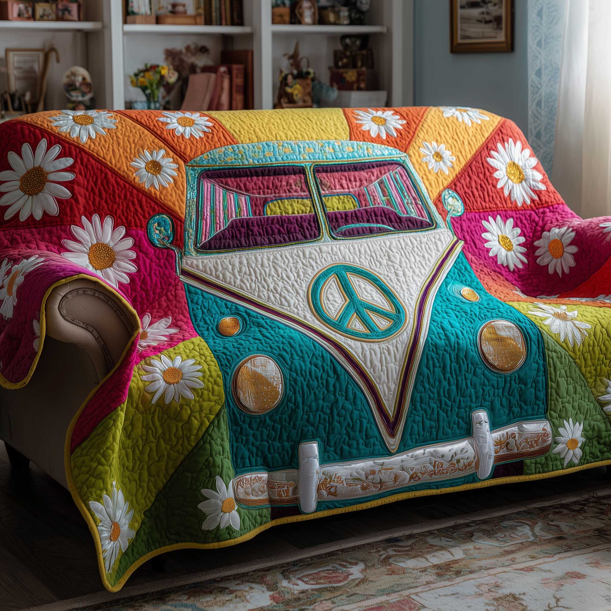 Hippie Van Quilted Sofa Cover Bohemian Retro Van Accent Gifts For Your Hippie Friend
