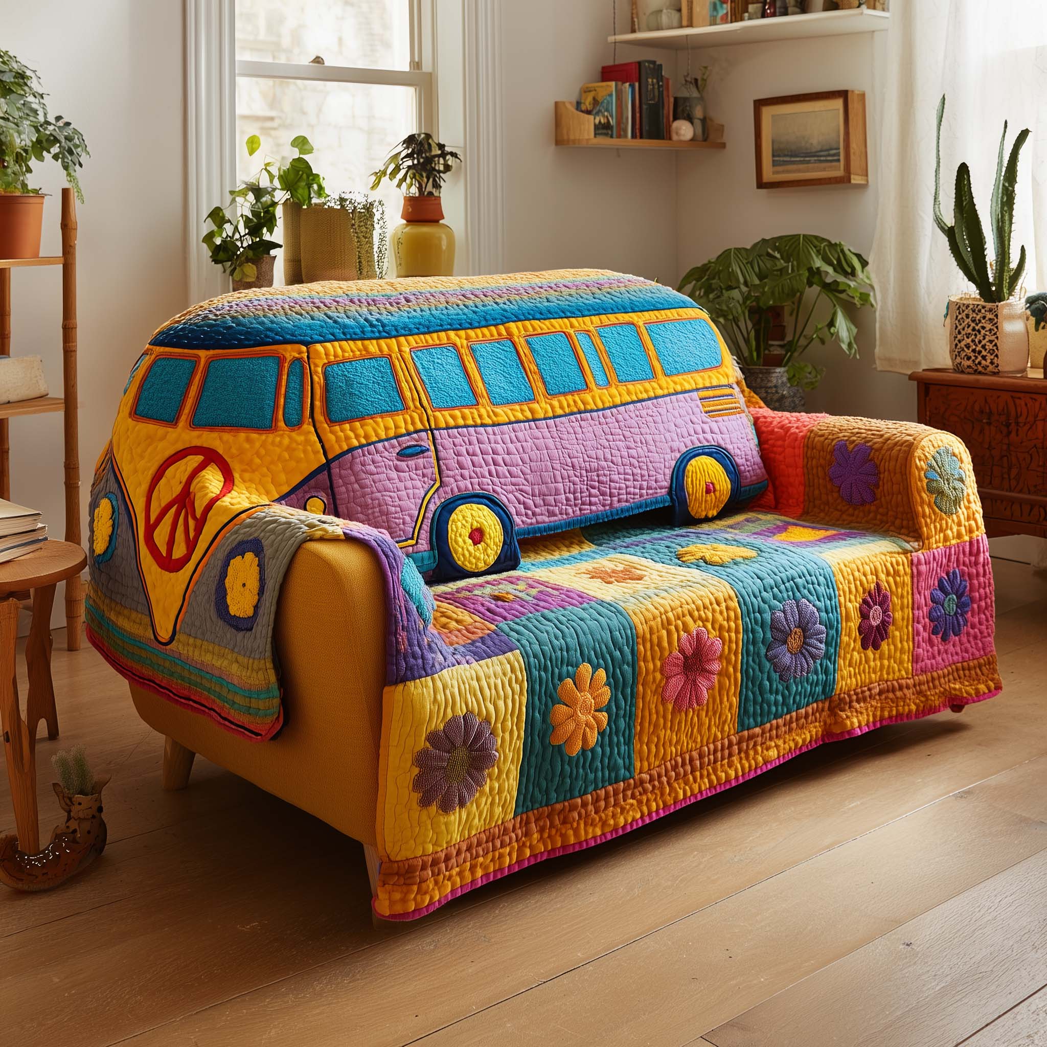 Hippie Van Quilted Sofa Cover Classic VW Bus Road Trip Motif Gifts For Your Hippie Friend