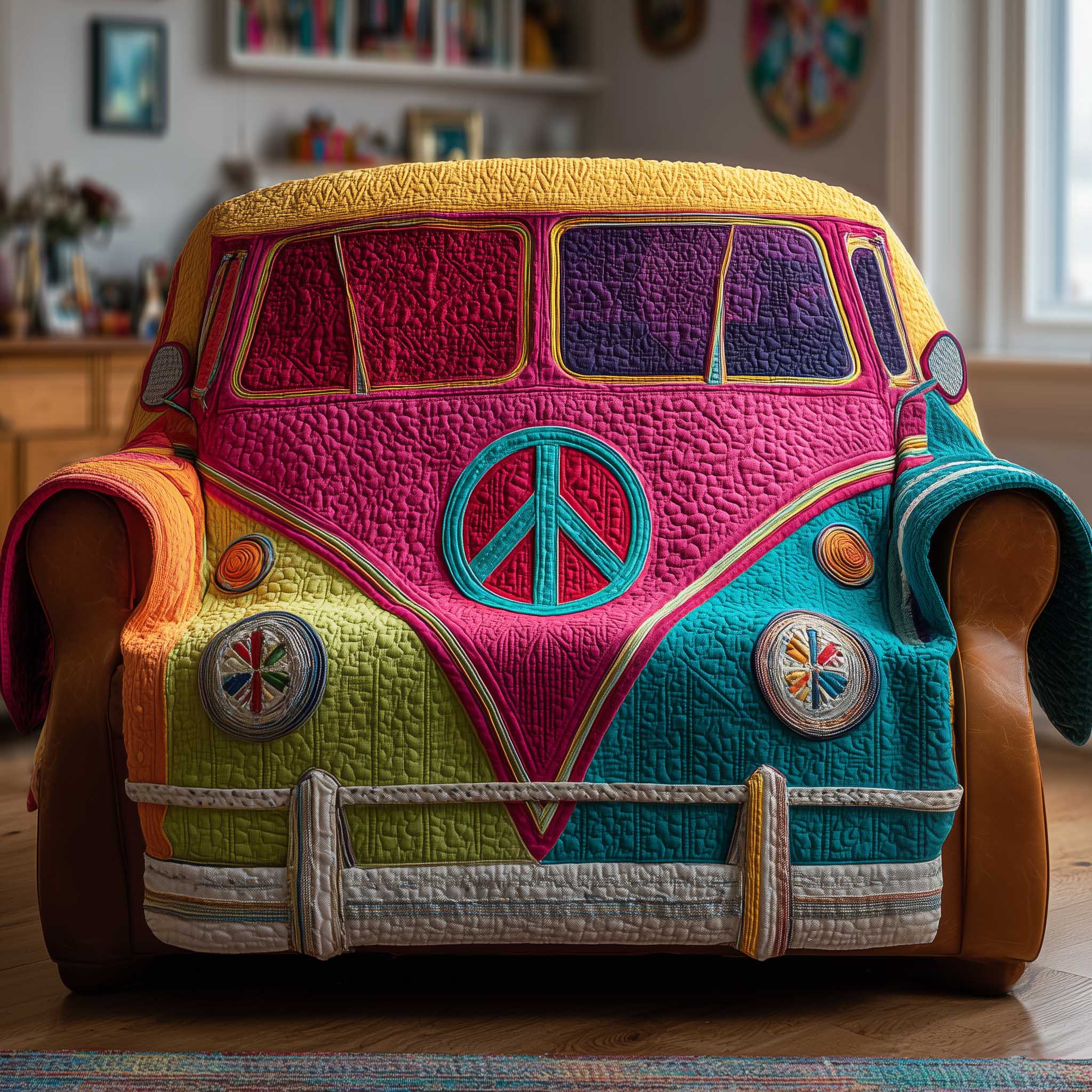 Hippie Van Quilted Sofa Cover Colorful 70s Bus Motif Gifts For Your Hippie Friend