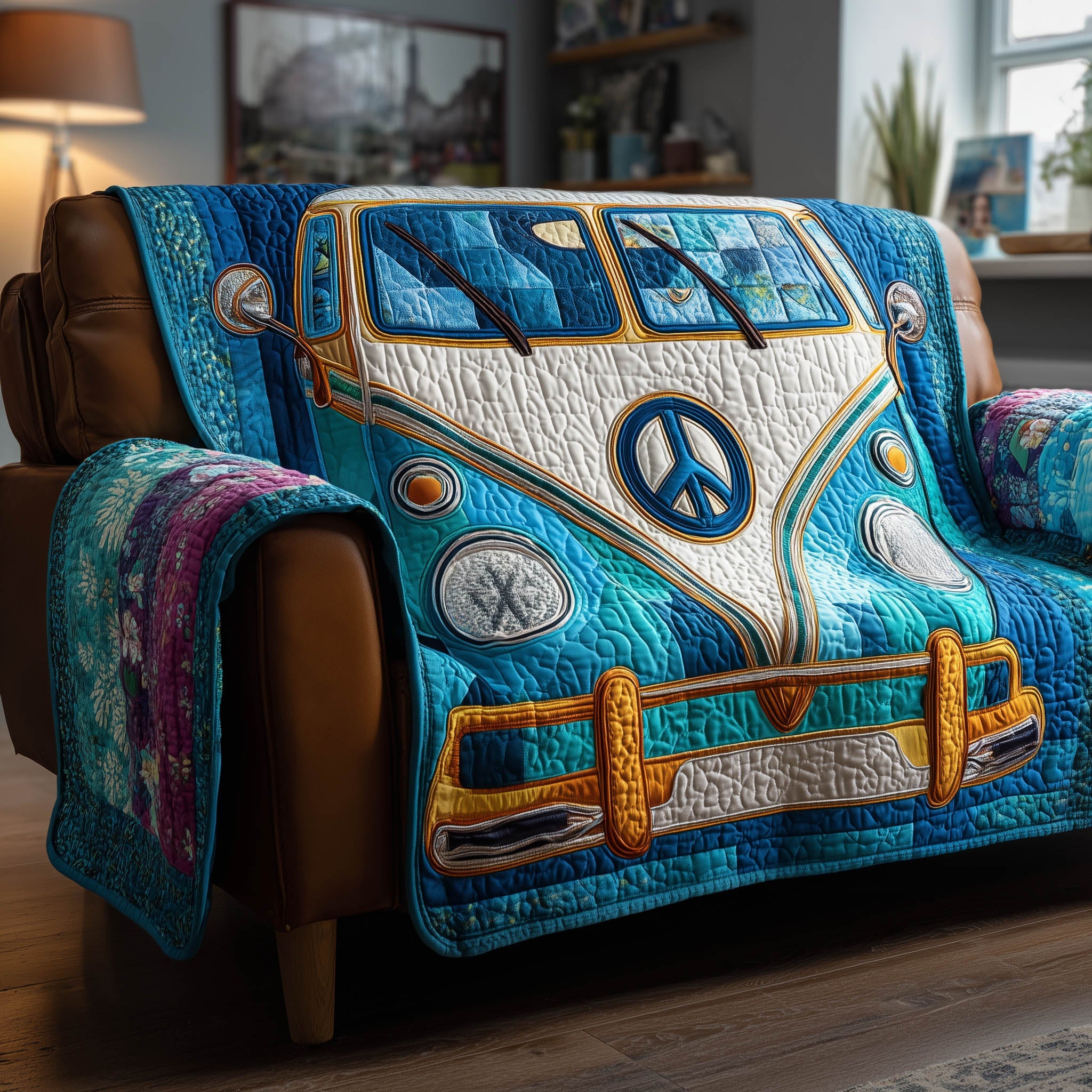 Hippie Van Quilted Sofa Cover Colorful VW Bus Gifts For Your Hippie Friend