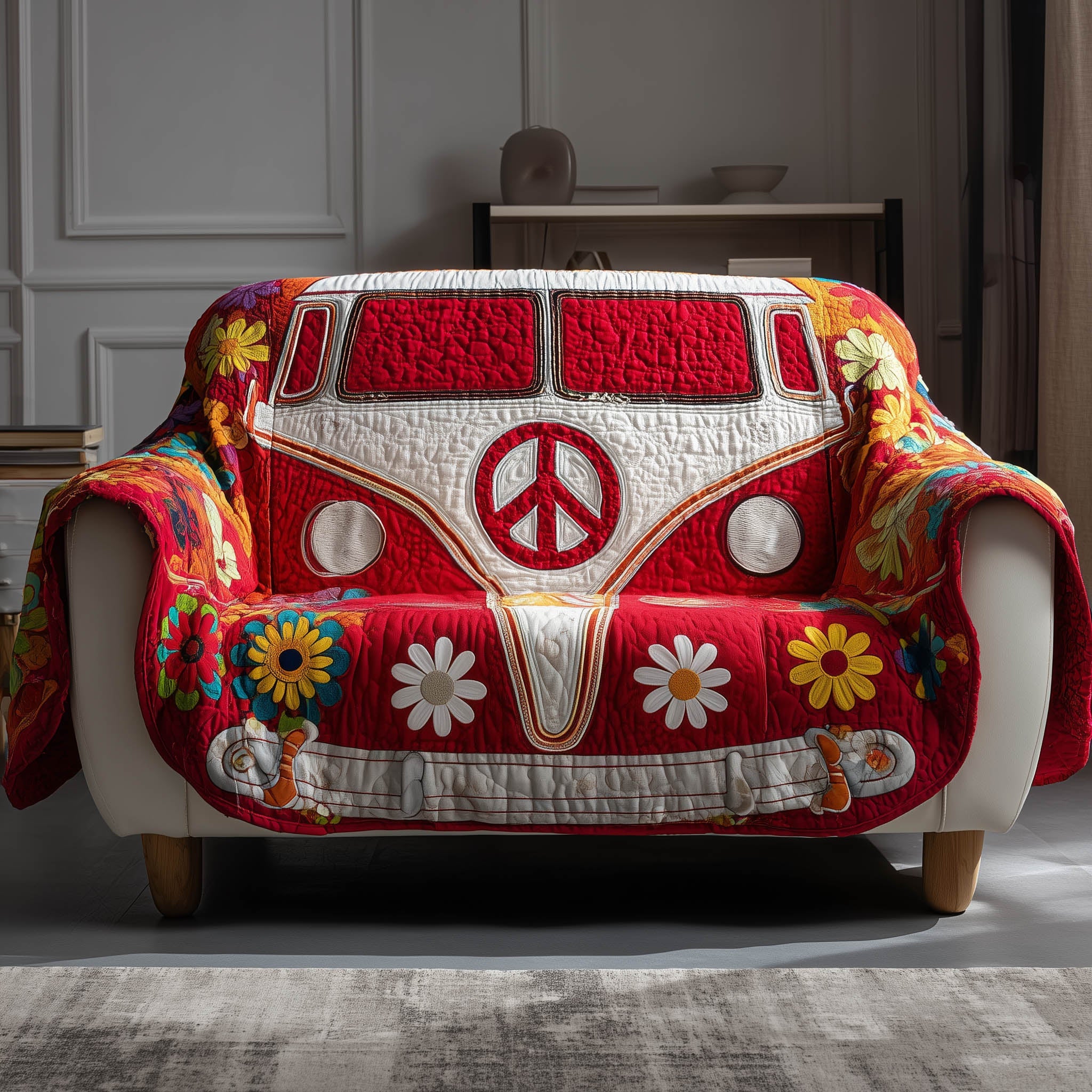 Hippie Van Quilted Sofa Cover Retro Peace Sign Van Design Gifts For Your Hippie Friend