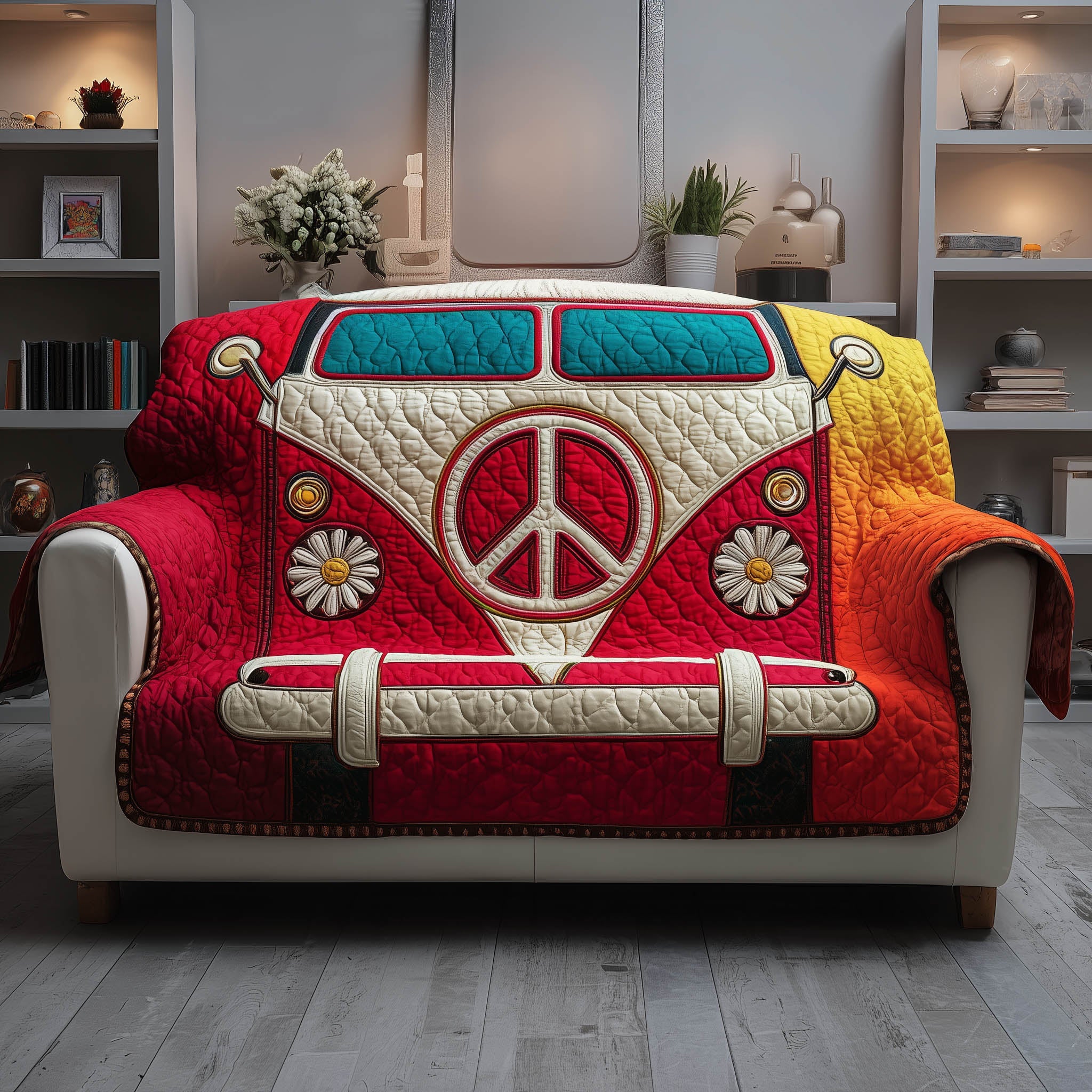 Hippie Van Quilted Sofa Cover Vintage Flower Power Bus Motif Gifts For Your Hippie Friend
