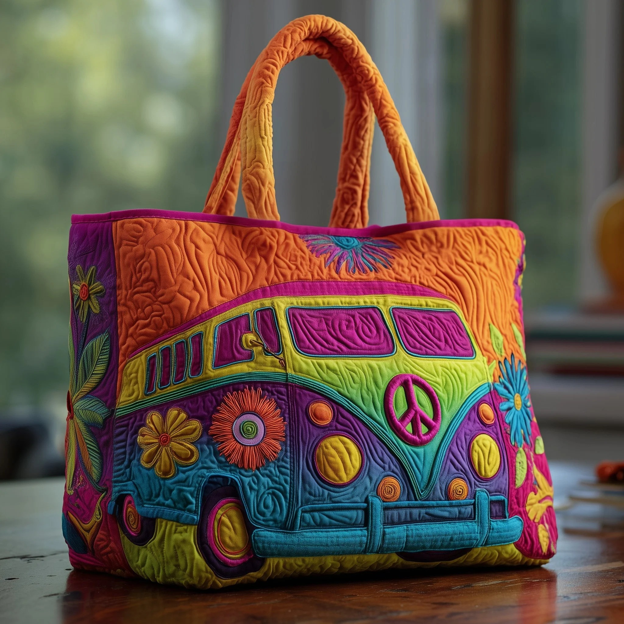 Hippie Van Quilted Tote Bag Cute Travel Accessories Best Gifts Idea For Girlfriend