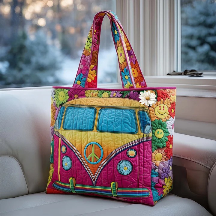 Hippie Van Quilted Tote Bag Flower Power Smiley Peace Bag Best Gift For Hippie Women