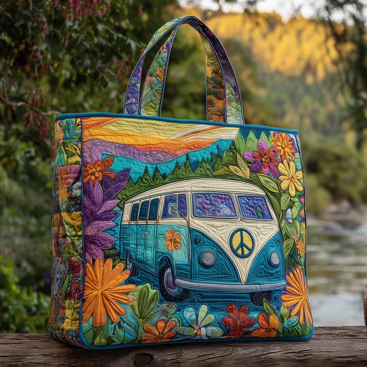 Hippie Van Quilted Tote Bag Nature Forest Floral Boho Bag Best Gift For Outdoor Lovers