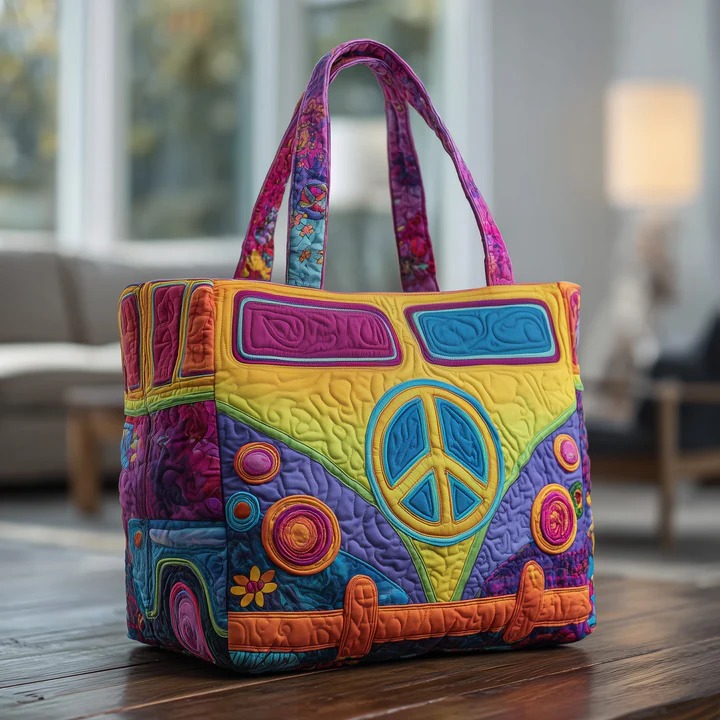 Hippie Van Quilted Tote Bag Peace Sign Boho Tie Dye Bag Best Gift For Hippie Lovers