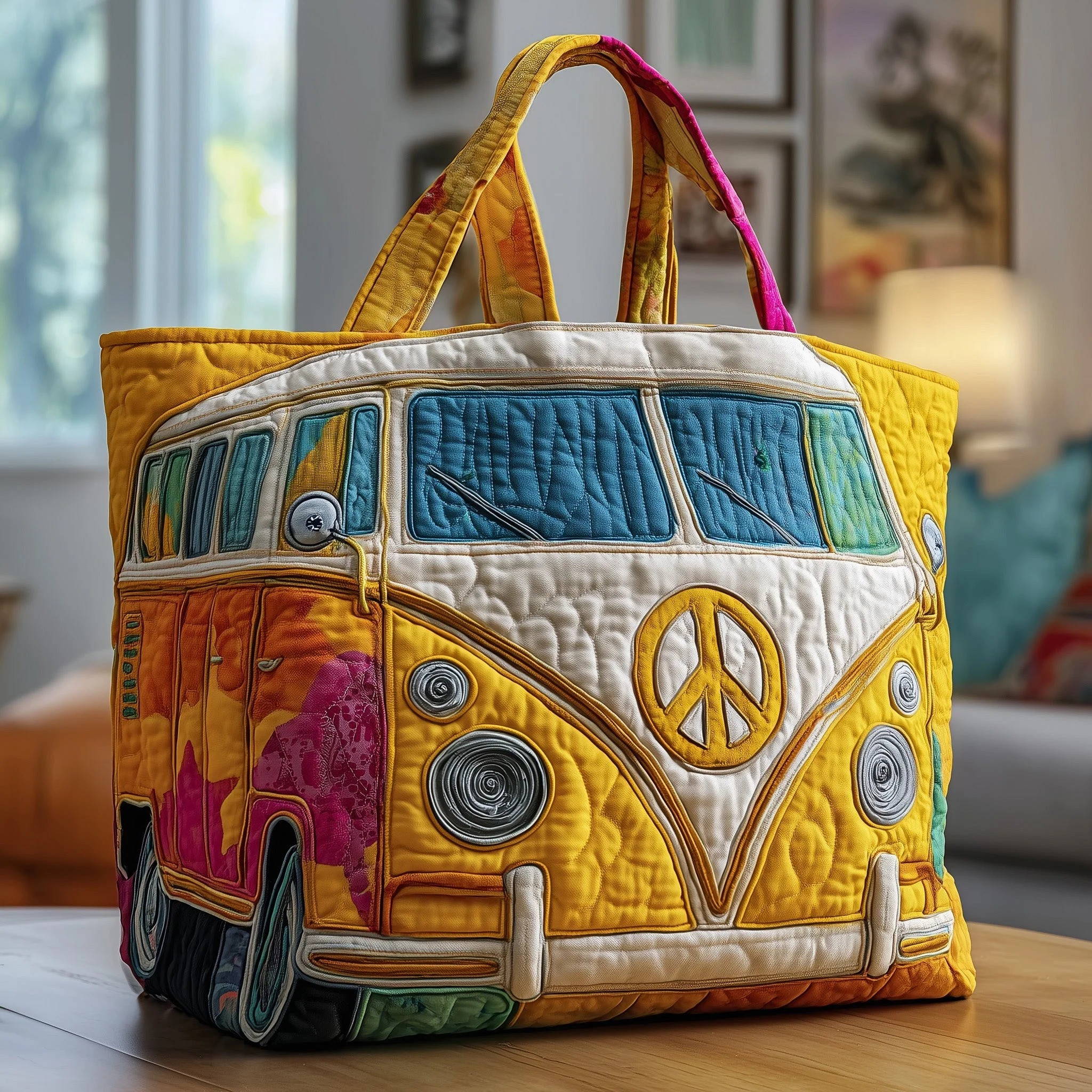 Hippie Van Quilted Tote Bag Unique Work Bags Best Accessories Gifts For Family