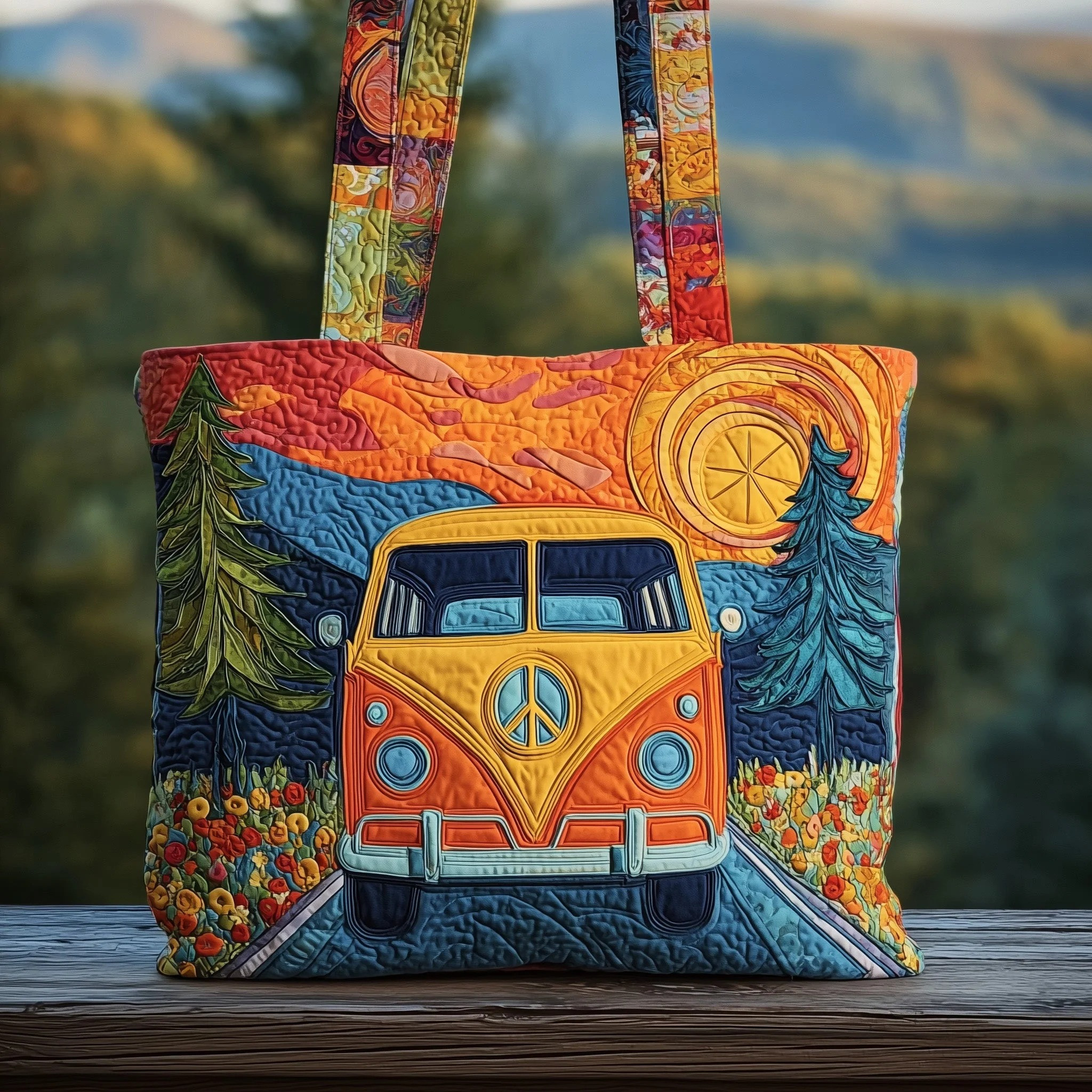 Hippie Van Quilted Tote Bag Vintage Tote Bag Unique Gifts Idea For Best Friends