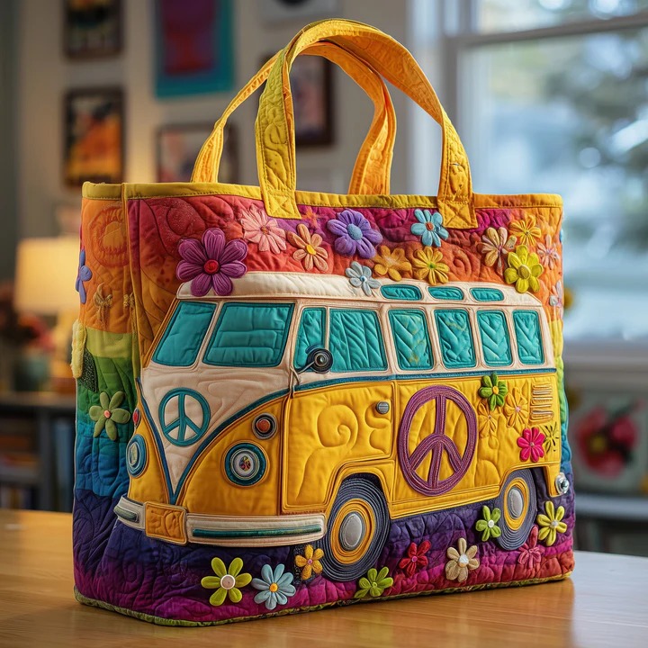 Hippie Van Quilted Tote Bag Yellow Flower Peace Bag Boho Best Gift For Women
