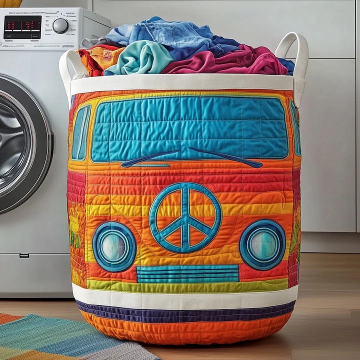 Hippie Van Rainbow Quilted Laundry Basket Colorful VW Bus Boho Home Storage Best Gift Ideas