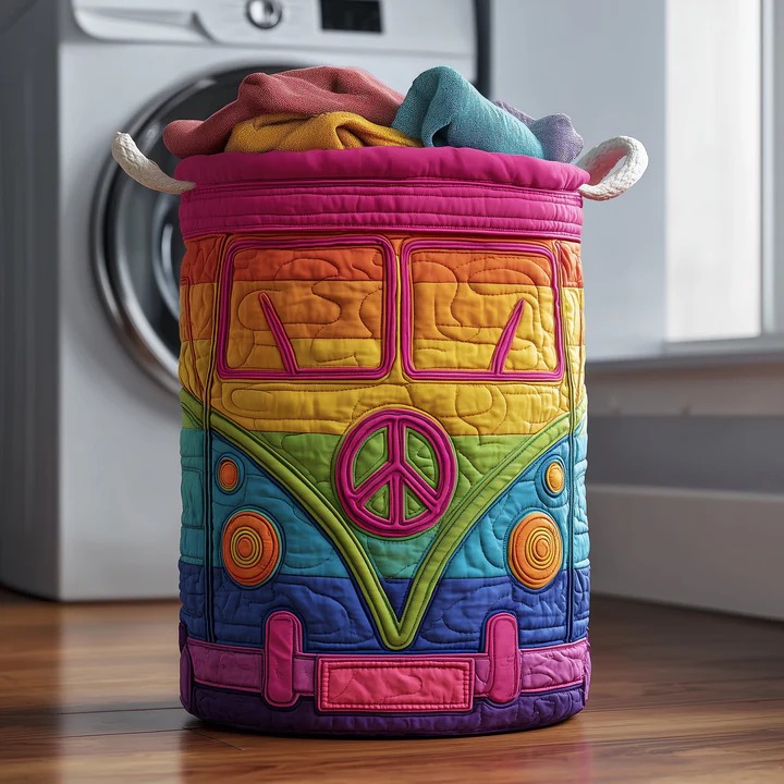 Hippie Van Rainbow Quilted Laundry Basket VW Bus Boho Multicolor Tie Dye Gift For Her