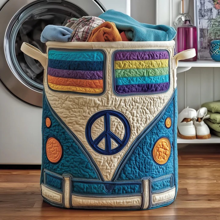 Hippie Van Rainbow Window Quilted Laundry Basket Blue VW Bus Boho Home Storage Gift Ideas