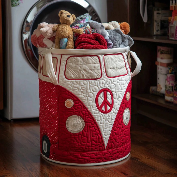 Hippie Van Red Boho Quilted Toy Laundry Basket VW Bus Peace Sign Kids Room Storage Gift Ideas