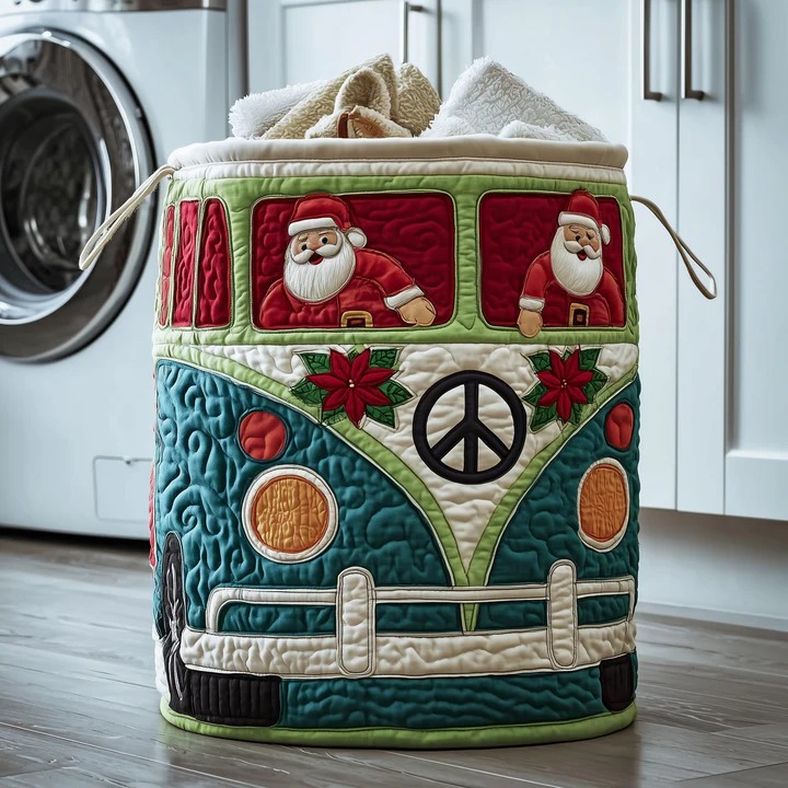 Hippie Van Santa Christmas Quilted Laundry Hamper VW Bus Holiday Teal Boho Gift For Family