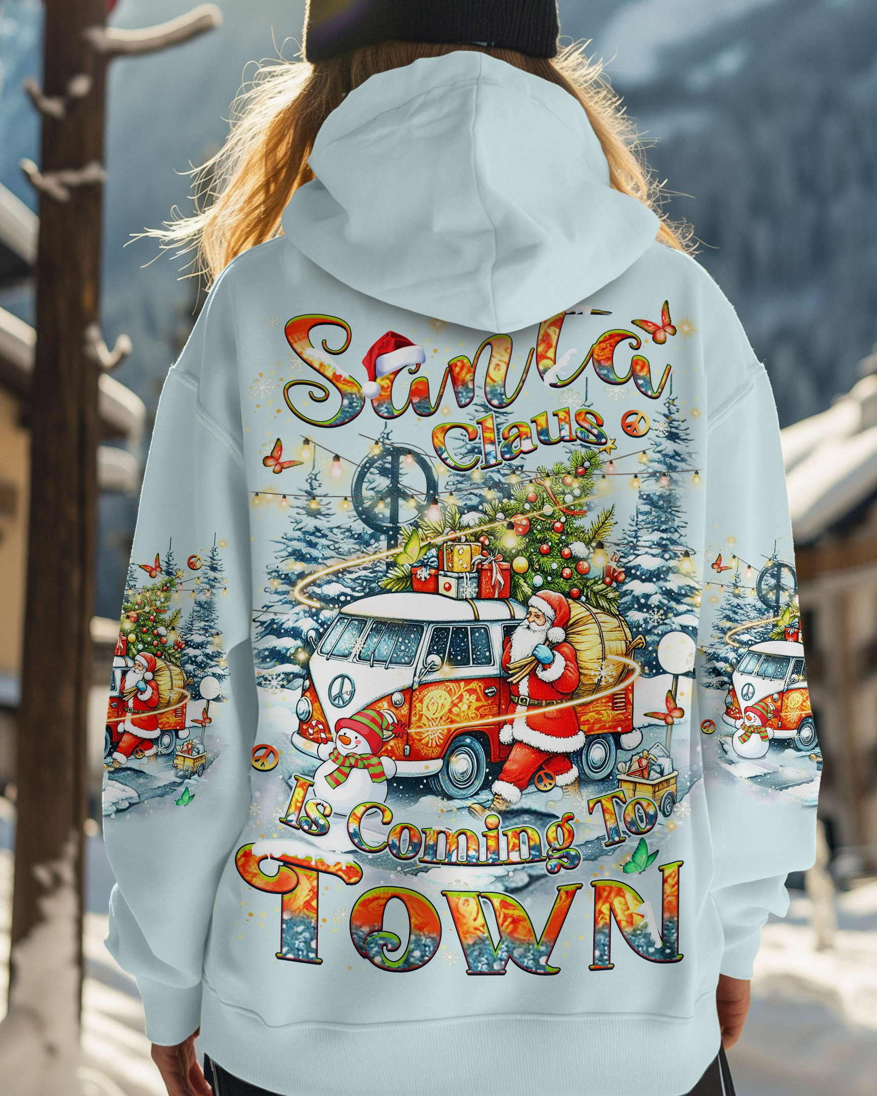 Hippie Van Santa Claus Is Coming Christmas Hoodie Cozy Pullover Xmas Peace Inspired Gifts