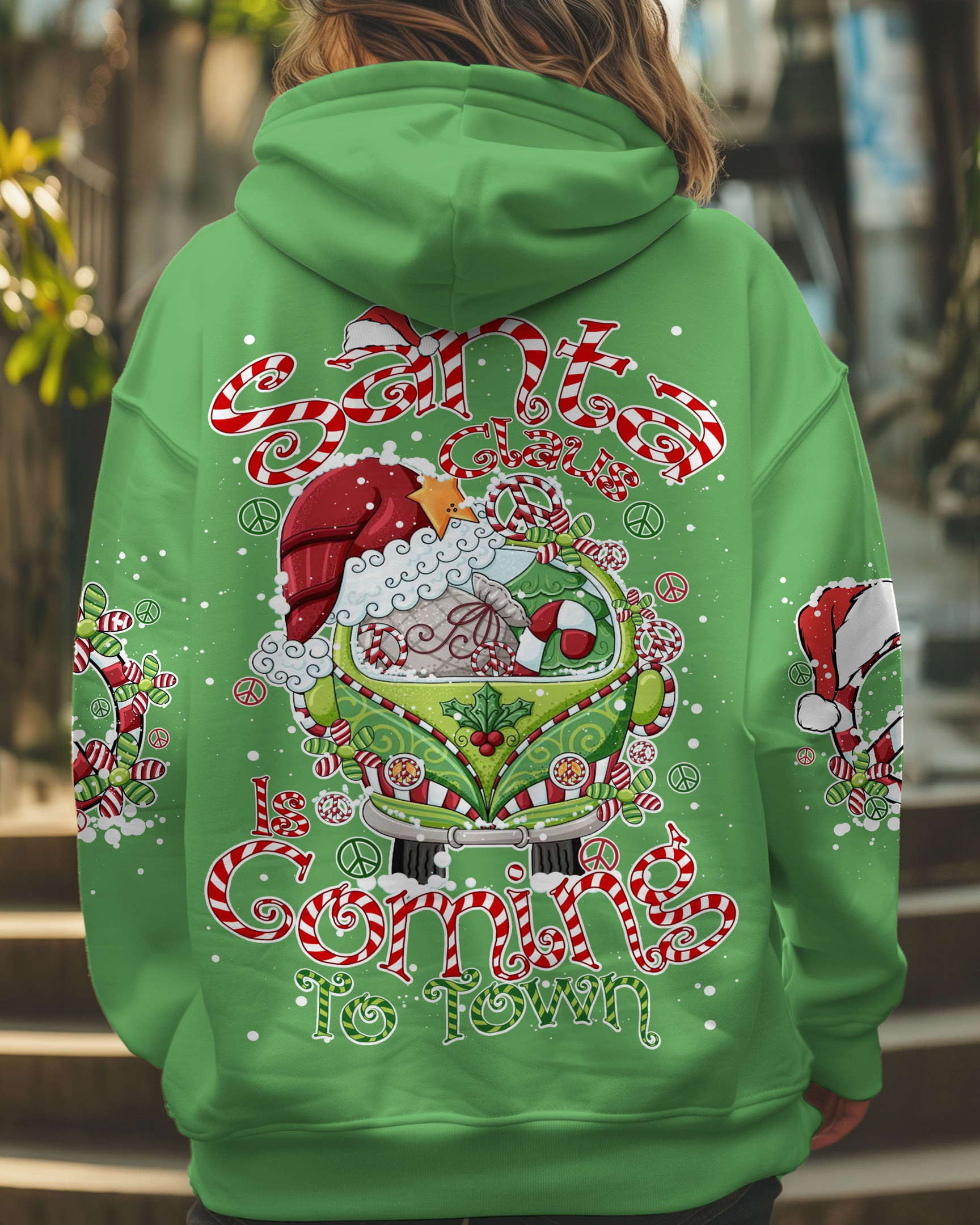 Hippie Van Santa Claus Is Coming Christmas Hoodie Cozy Xmas Apparel Hippie Themed Gifts