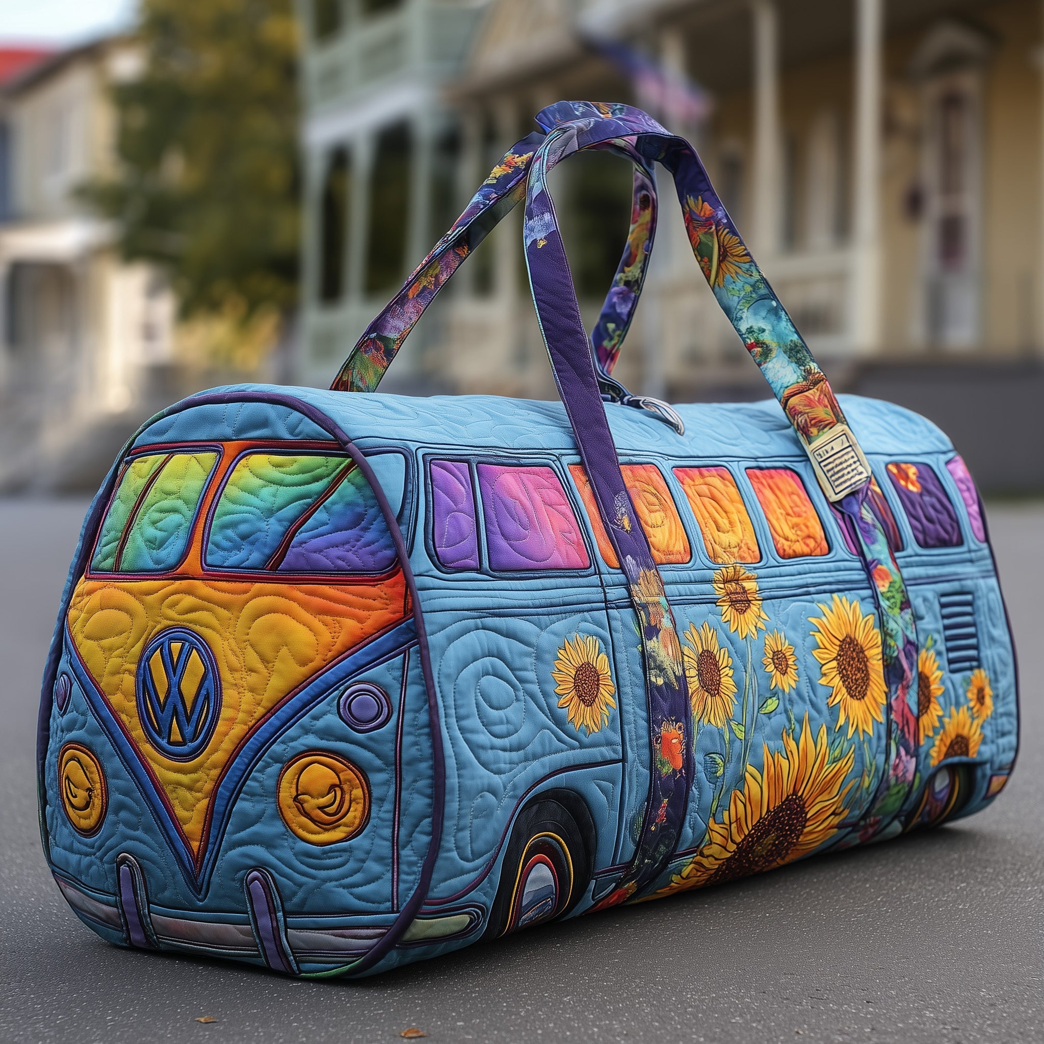 Hippie Van Sunflower Quilted Duffle Bag For Work And Travel