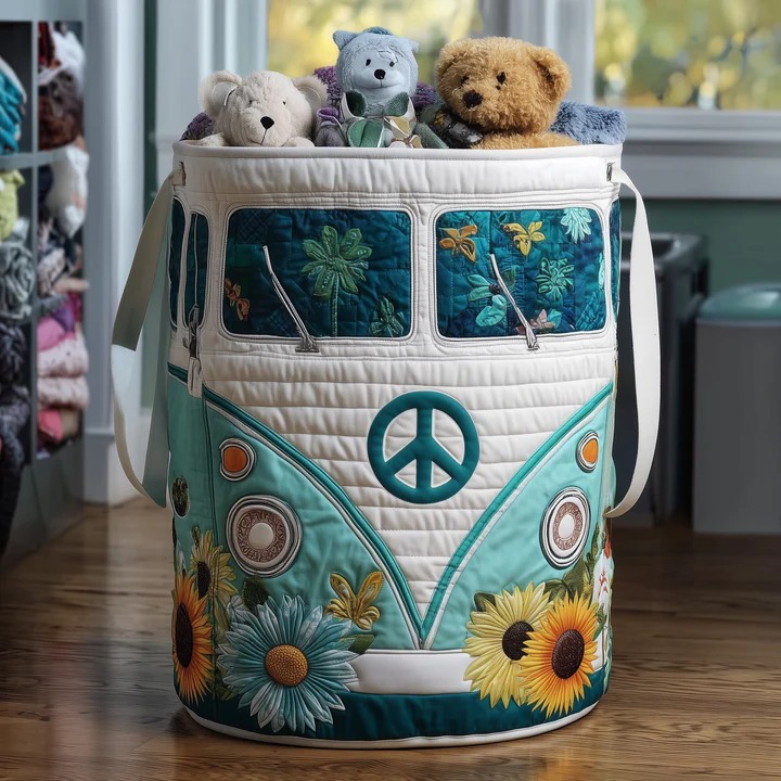 Hippie Van Sunflower Quilted Toy Laundry Basket Teal VW Bus Boho Kids Storage Best Gift Idea