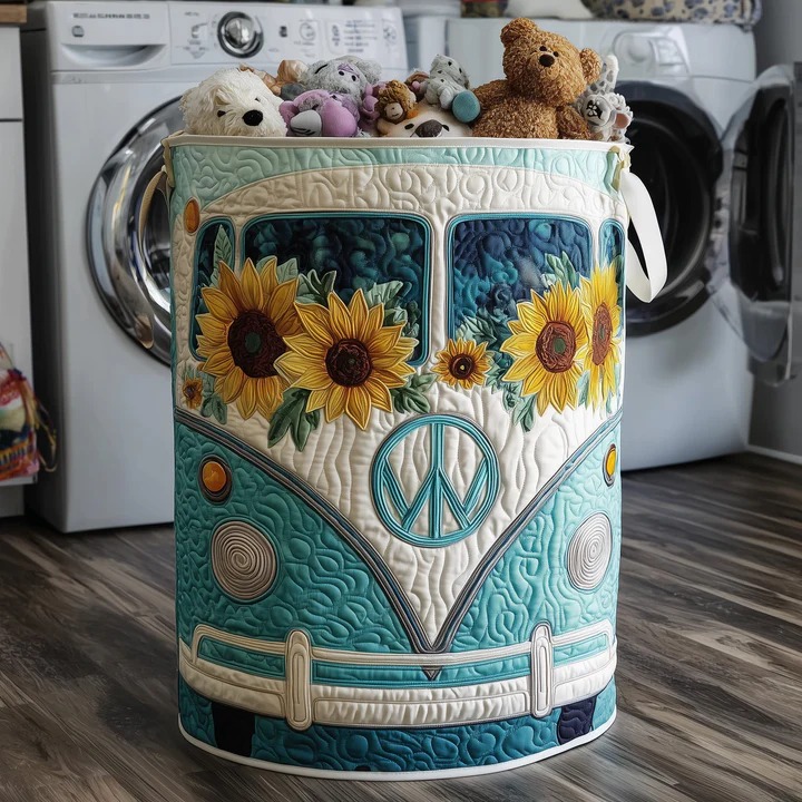Hippie Van Sunflower Quilted Toy Laundry Basket Teal VW Bus Boho Kids Storage Gift For Kids