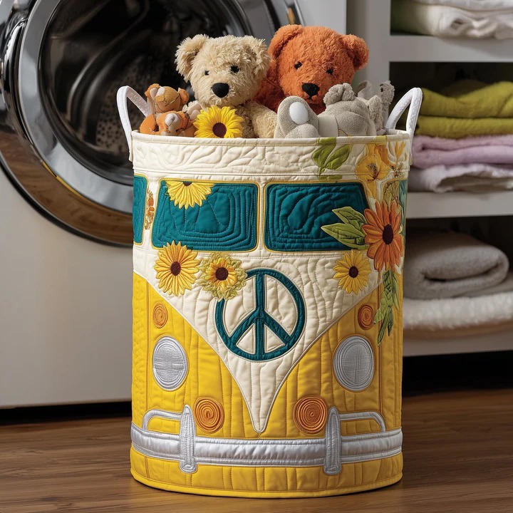 Hippie Van Sunflower Quilted Toy Laundry Basket Yellow Teal Boho Kids Storage Best Gift Idea